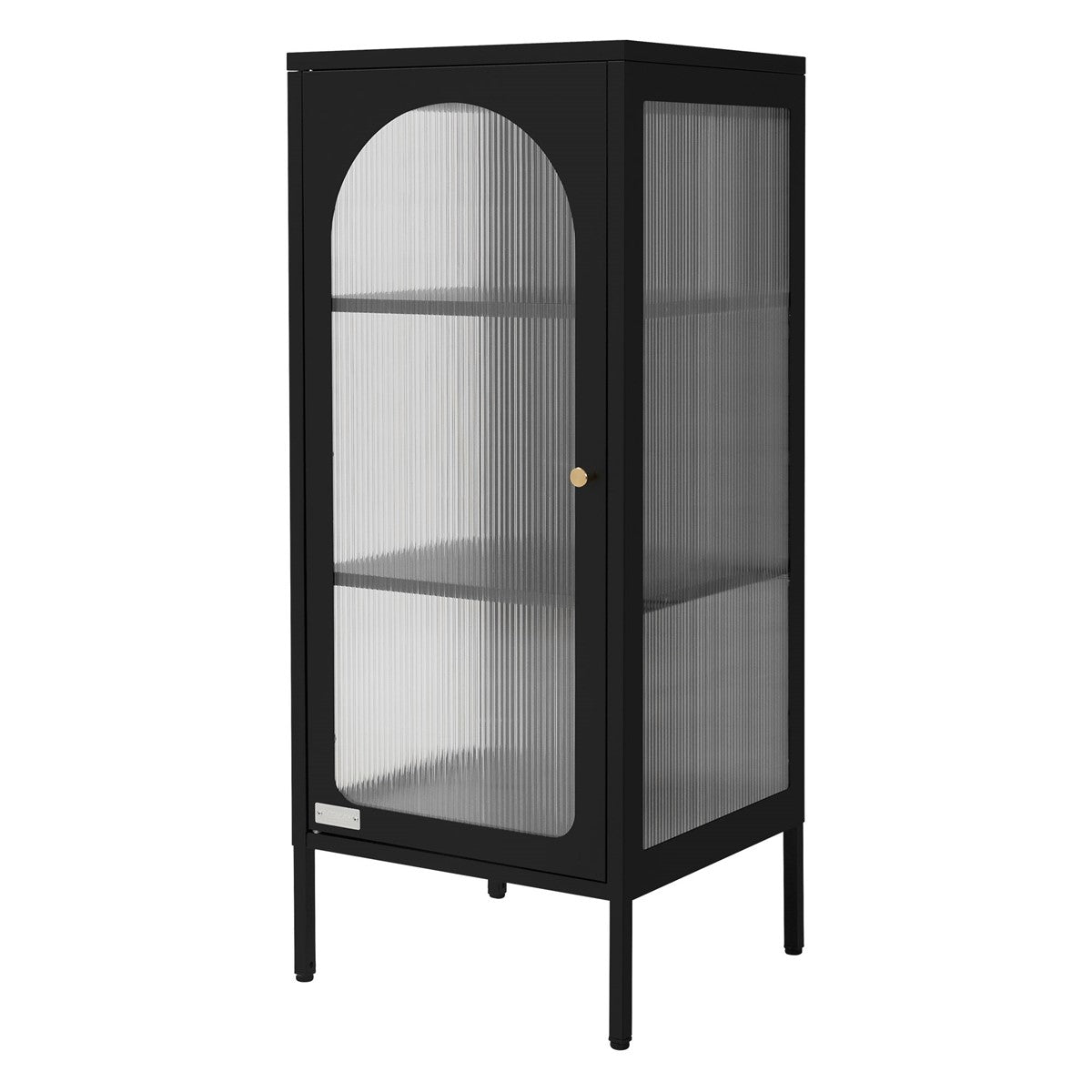 Armoire noire avec une porte vitrée bombée et trois étagères.