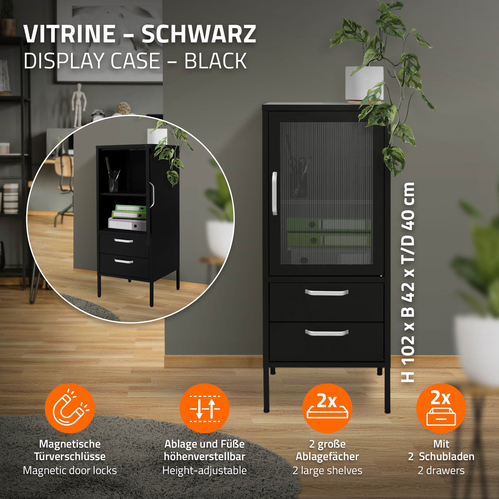 Schwarzer Vitrinenschrank mit zwei großen Ablageflächen und zwei Schubladen.