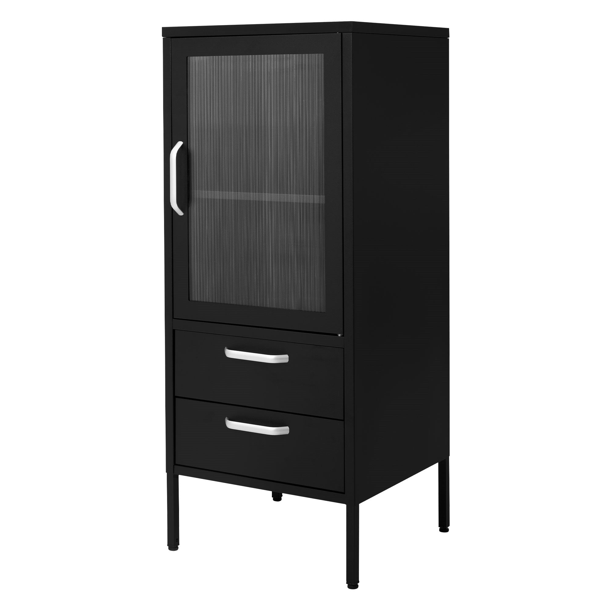 Schwarzer Schrank mit Glastür und zwei Schubladen.