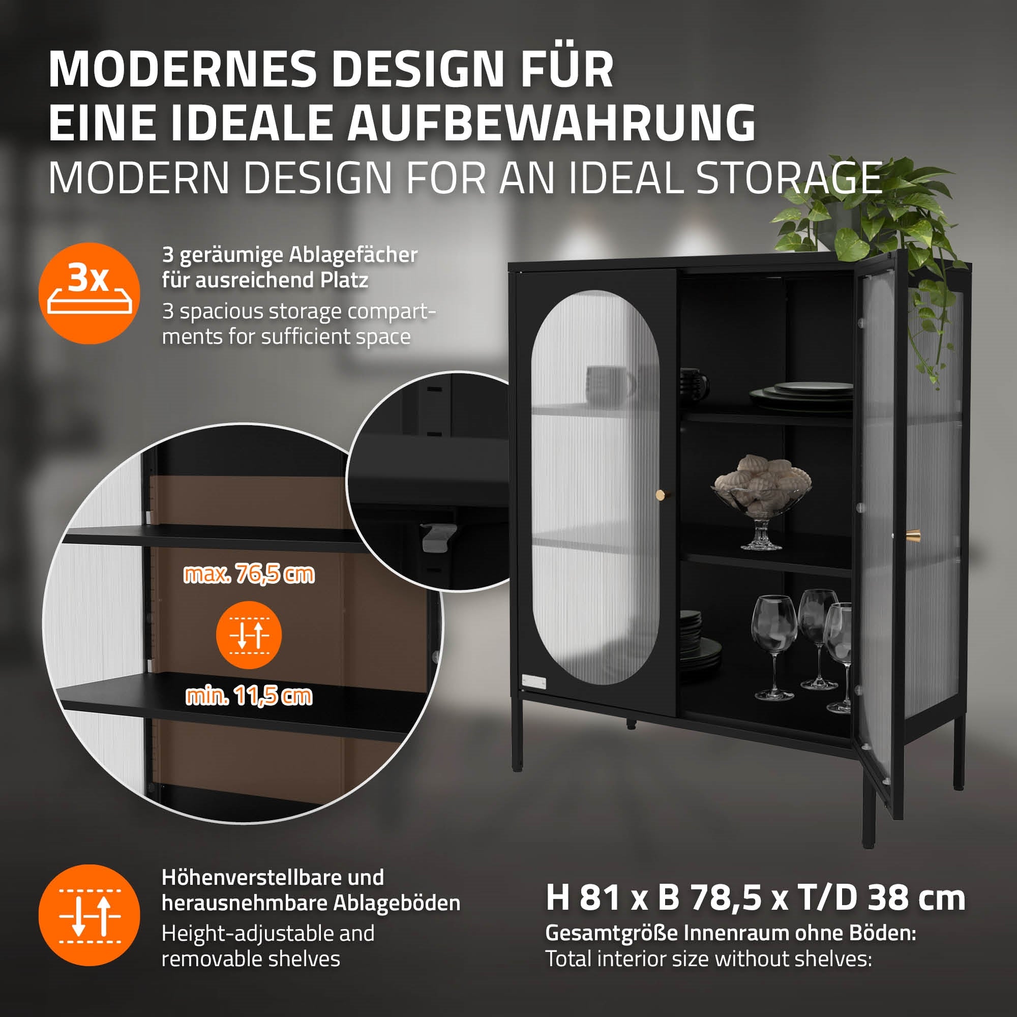 Graphique avec des informations sur une vitrine moderne et ses dimensions.