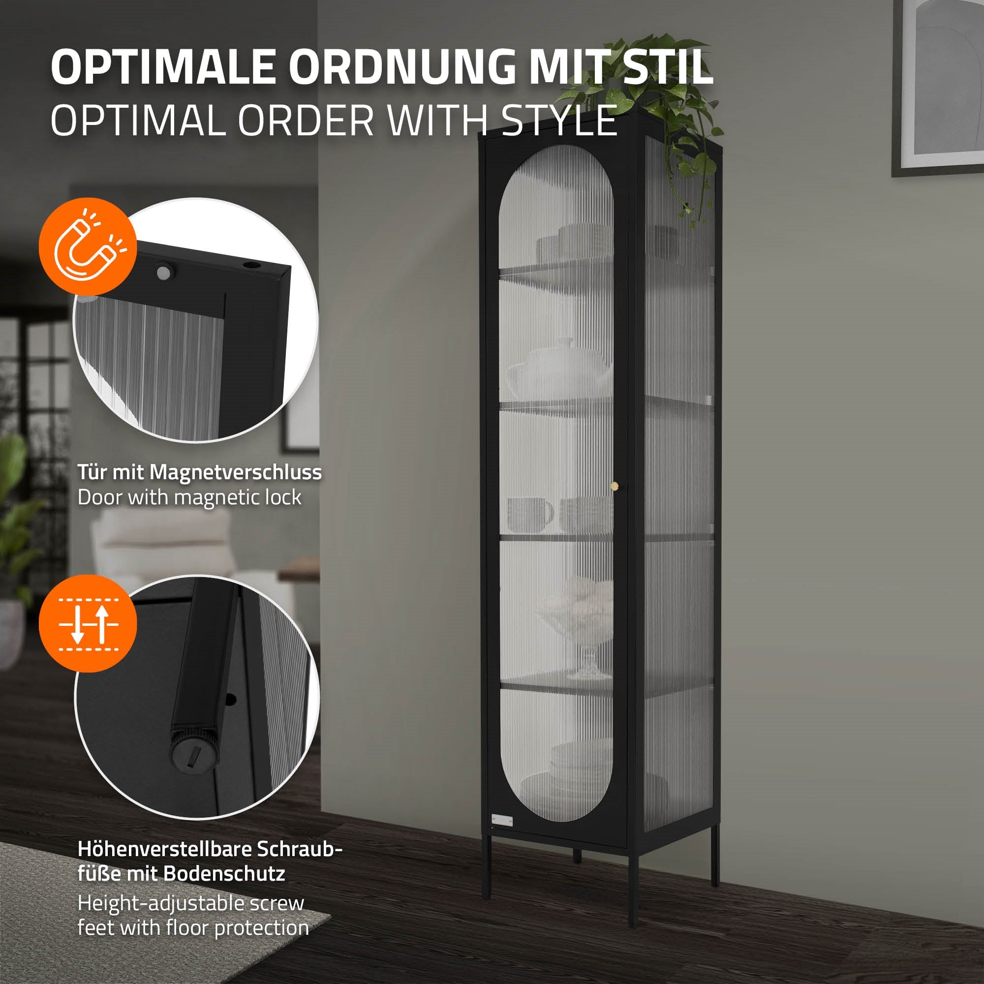 Grafik zu Funktionen des Vitrinenschranks mit Magnetverschluss.
