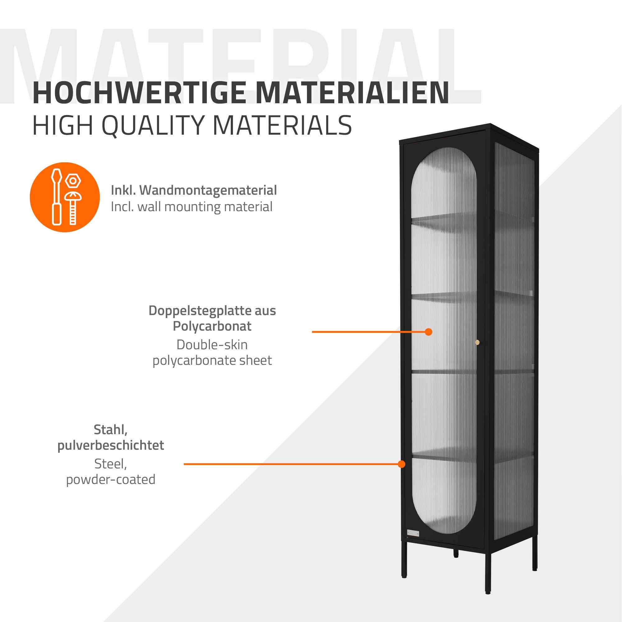 Grafik mit Informationen zu Materialien des Vitrinenschranks.
