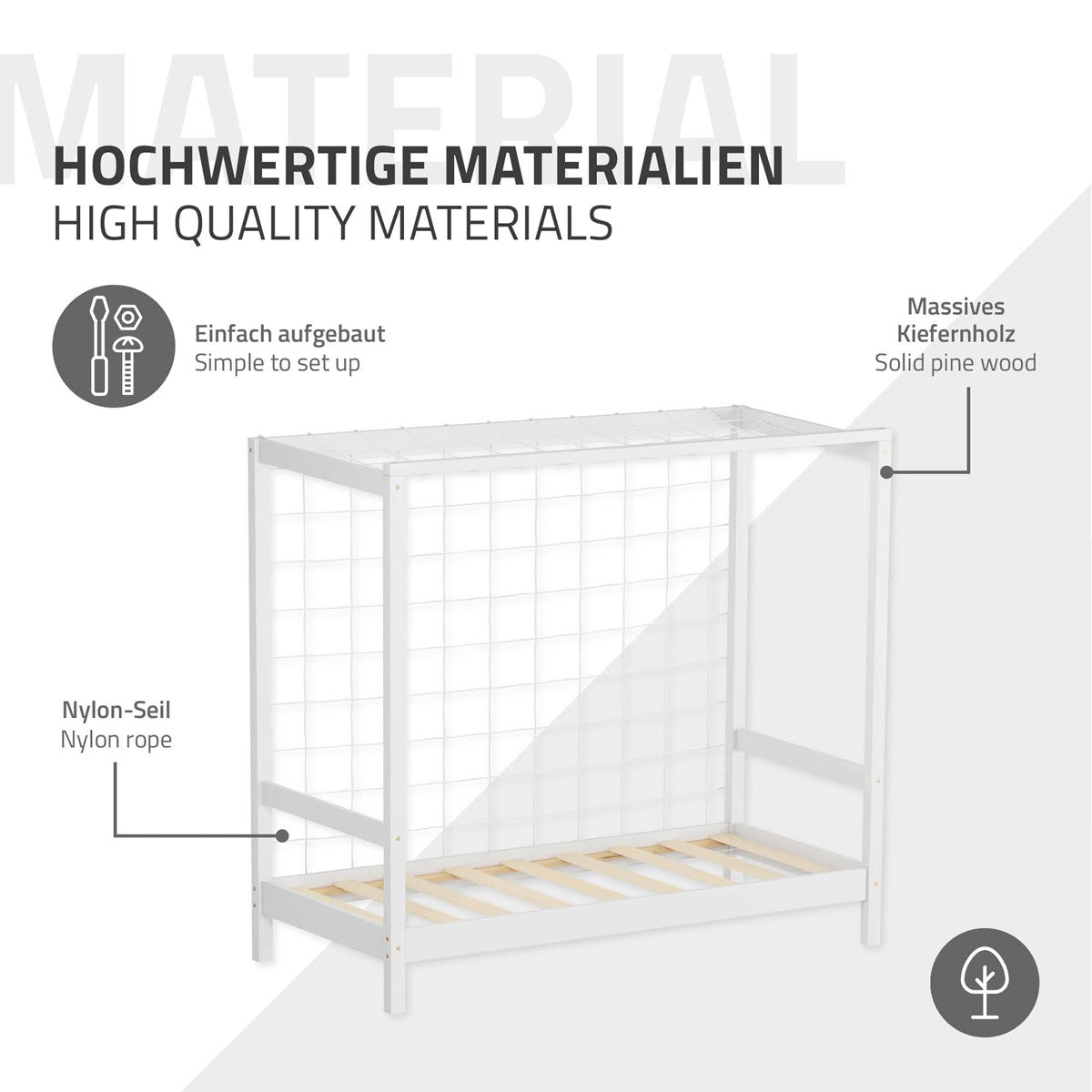 Ein Bettgestell aus massivem Kiefernholz mit einem Netz und einem Holzlattenrost.