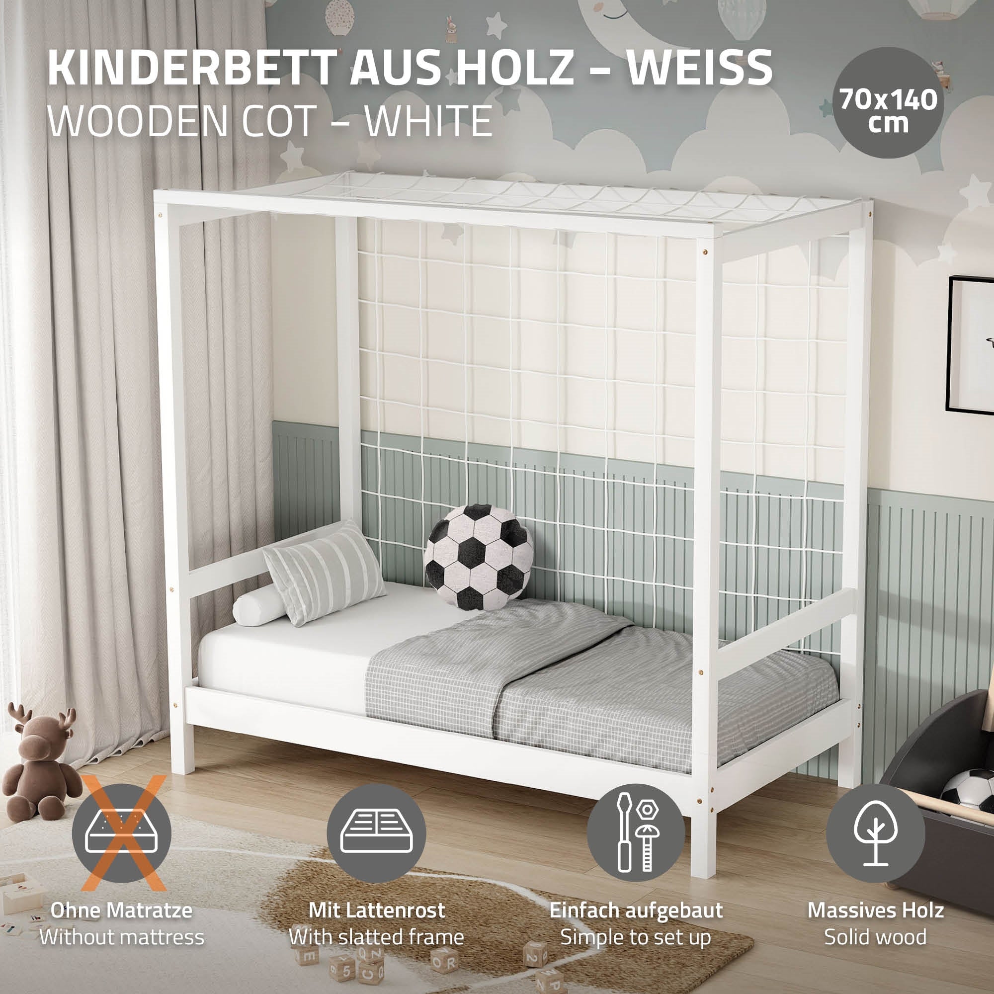 Ein weißes Kinderbett aus Holz ohne Matratze, mit einem grauen Bettlaken.