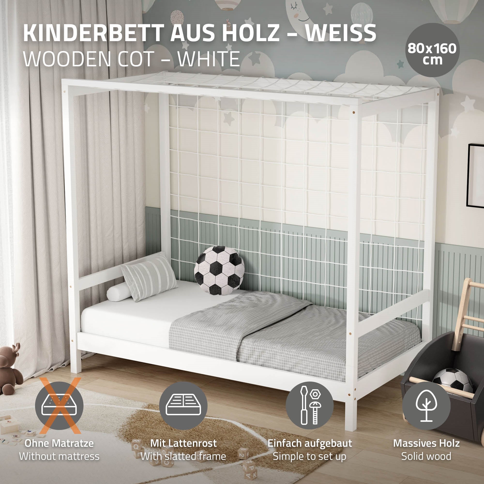 Weißes Kinderbett aus Holz mit einfachem Design.