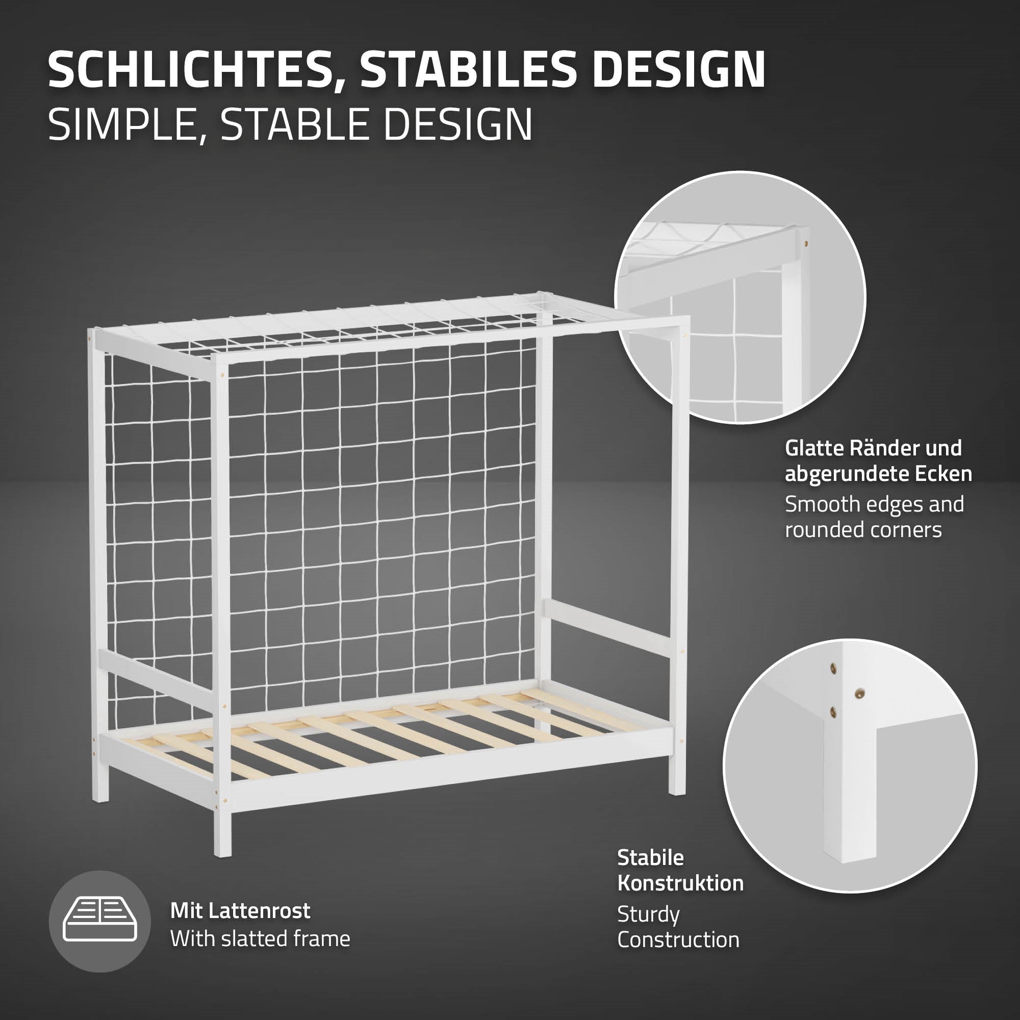 Bettgestell mit Lattenrost und stabiler Konstruktion.