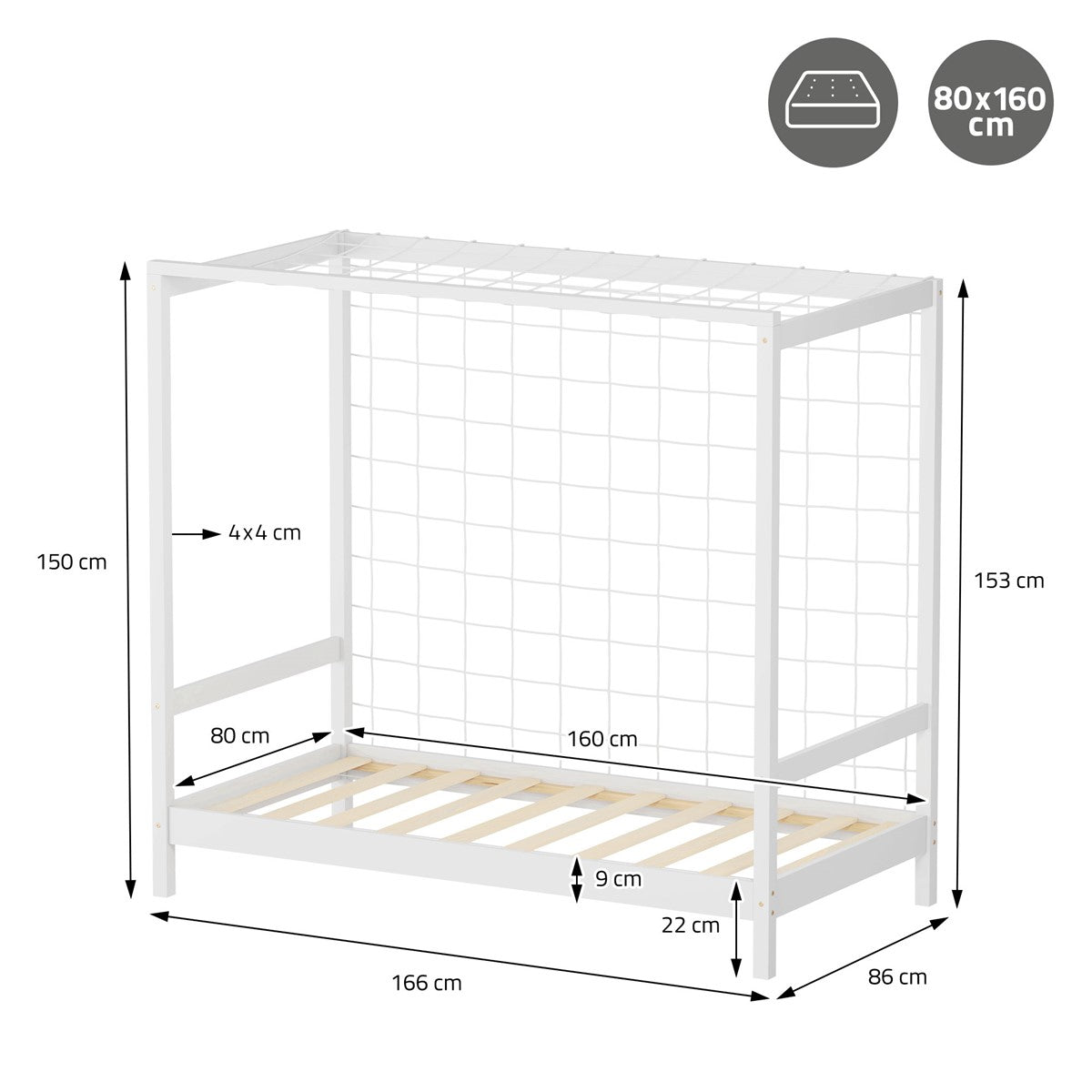 Desenho cotado de uma cama de criança com dimensões em cm.