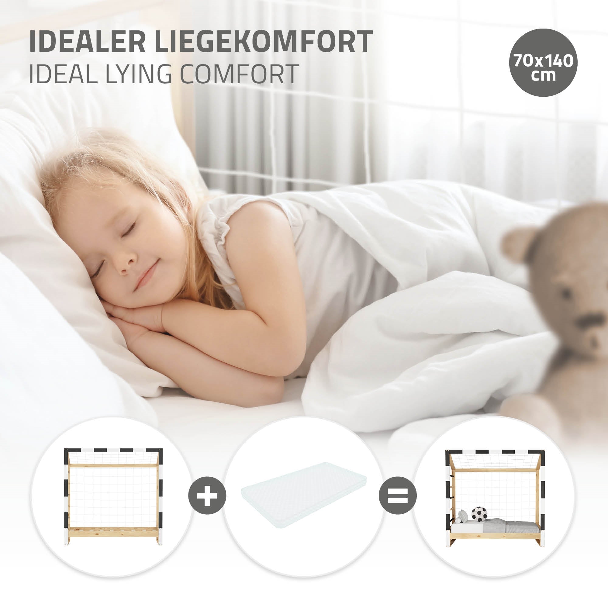 Un niño durmiendo en una cama, con un oso de fondo.