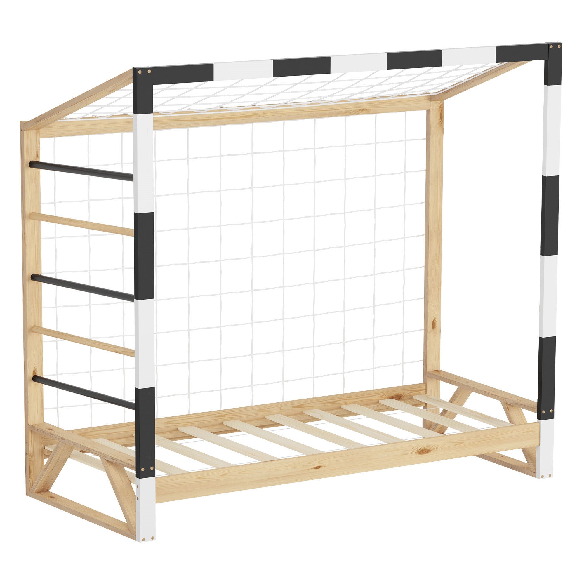 Cadre en bois pour un lit d'enfant avec grille et toit.