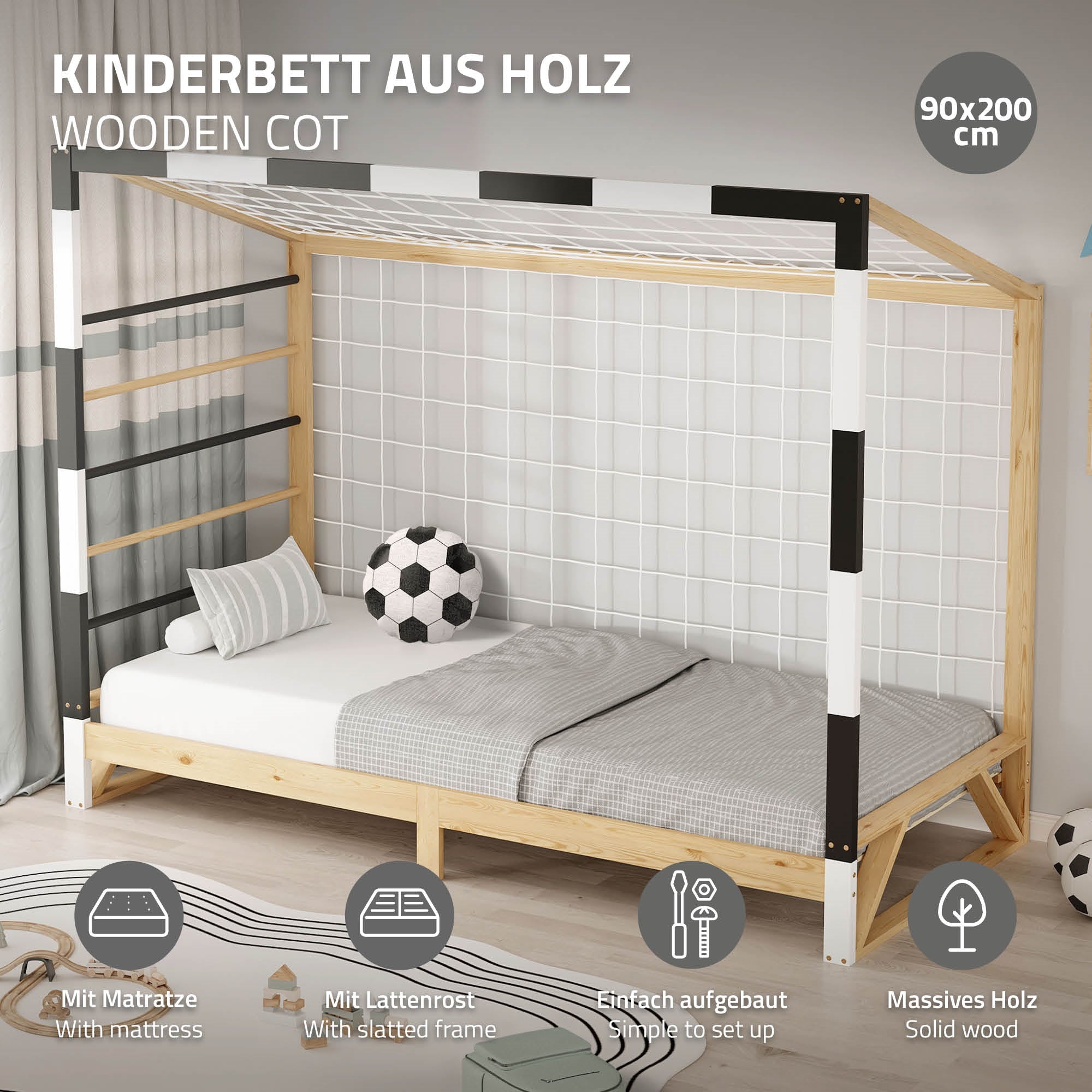 Holz-Kinderbett mit Matratze, Lattenrost und Kletterleiter, 90x200 cm.