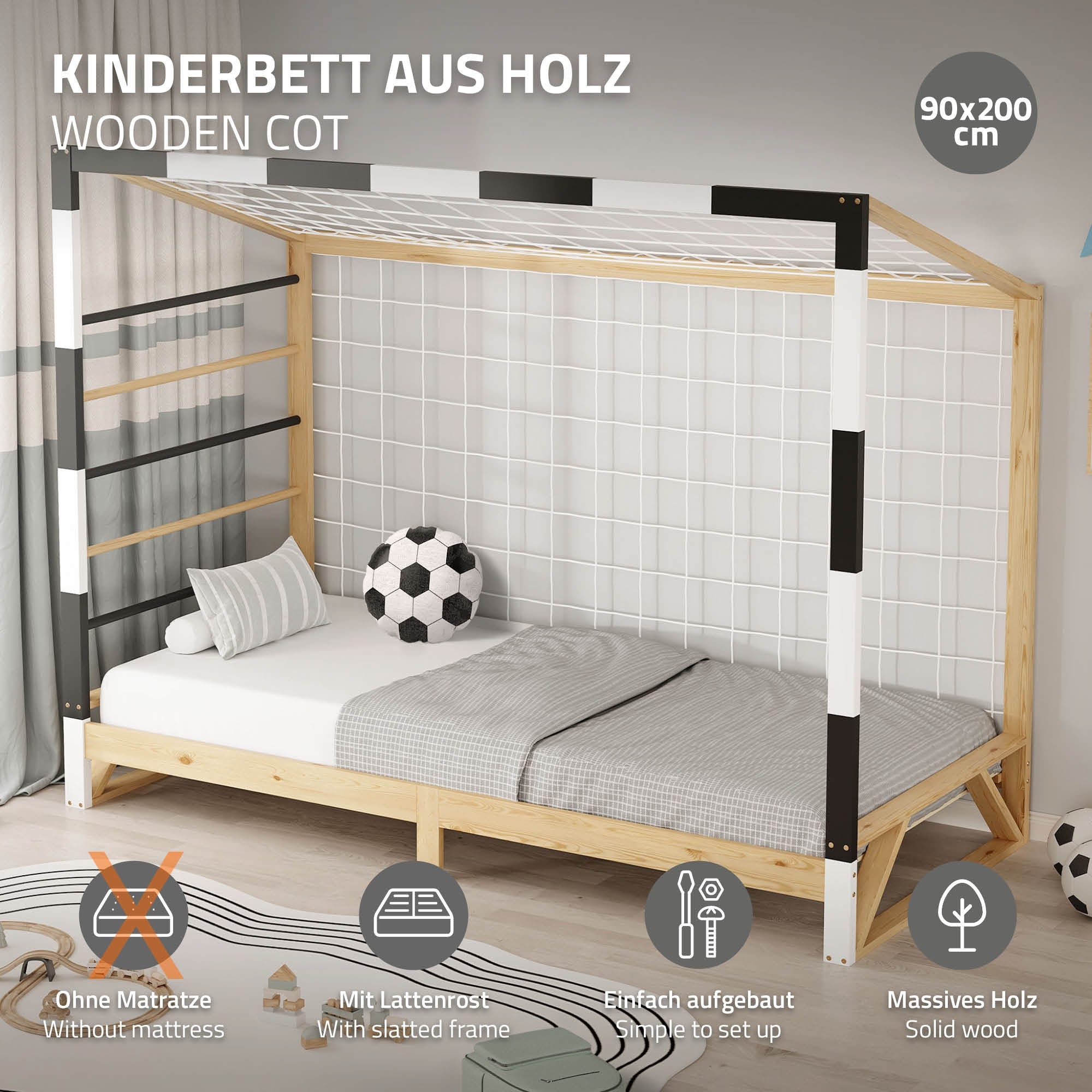 Cama infantil de madera con estructura de listones y sin colchón.