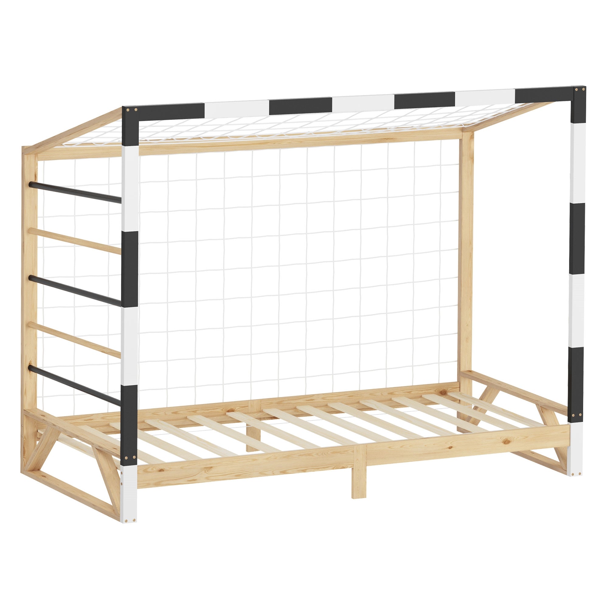 Cama de madera con red y barras laterales, para área de juego y descanso.