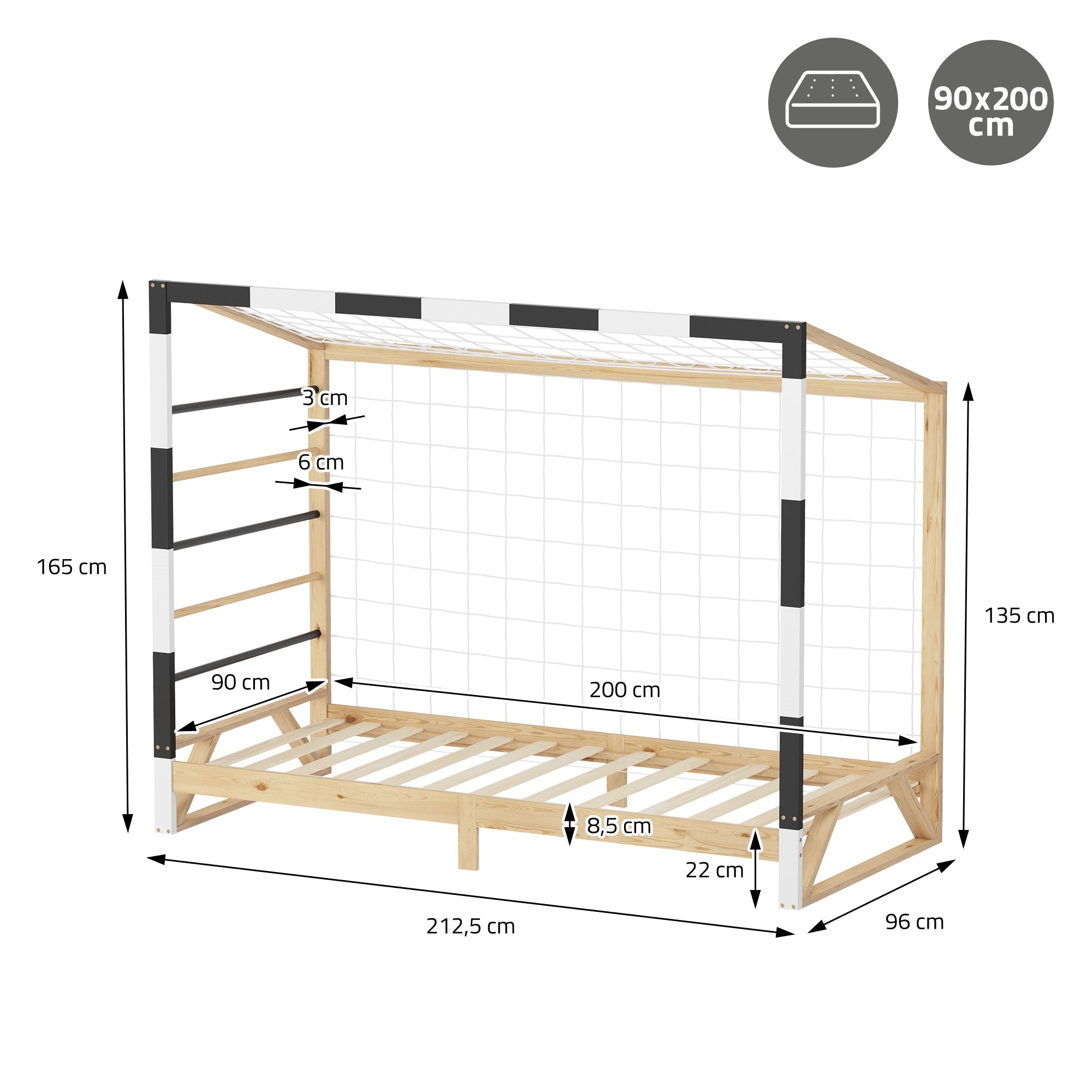 Estructura de cama con medidas: 212,5 cm x 96 cm x 165 cm.