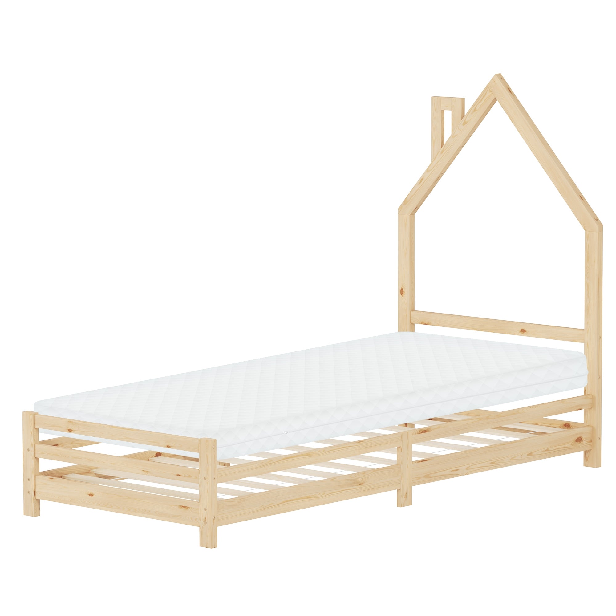Lit d'enfant en bois avec finition naturelle, sans matelas, en forme de maison.