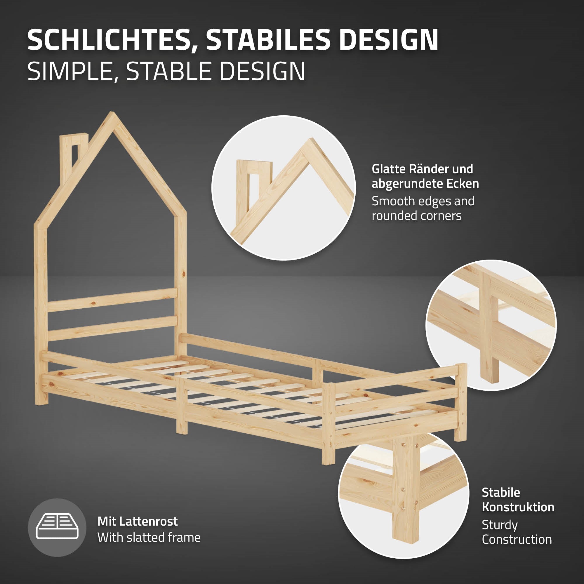 Holzbett mit Hausform, Beschreibung: glatte Kanten, stabile Konstruktion.
