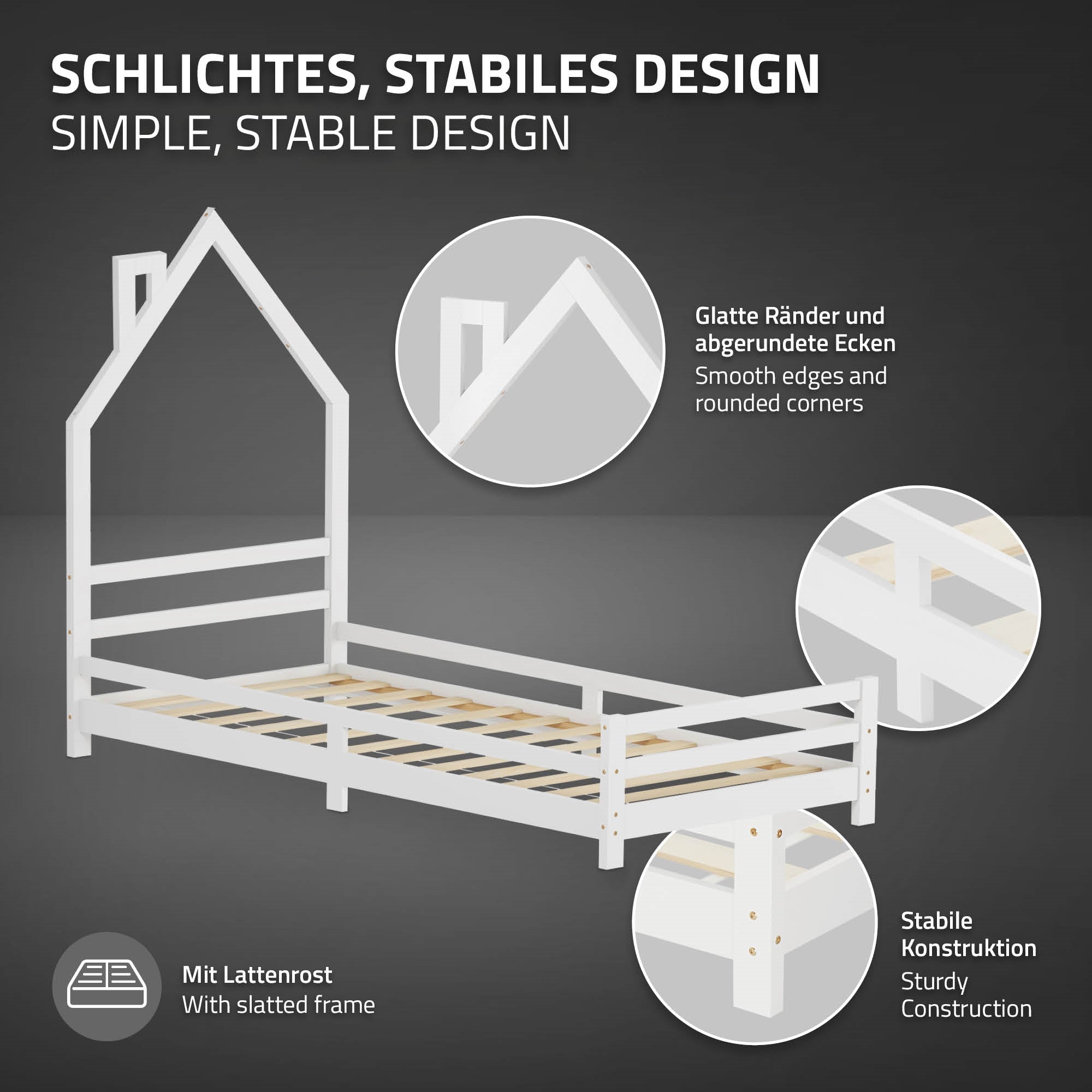 Bett in Hausform mit stabiler Konstruktion und abgerundeten Ecken.