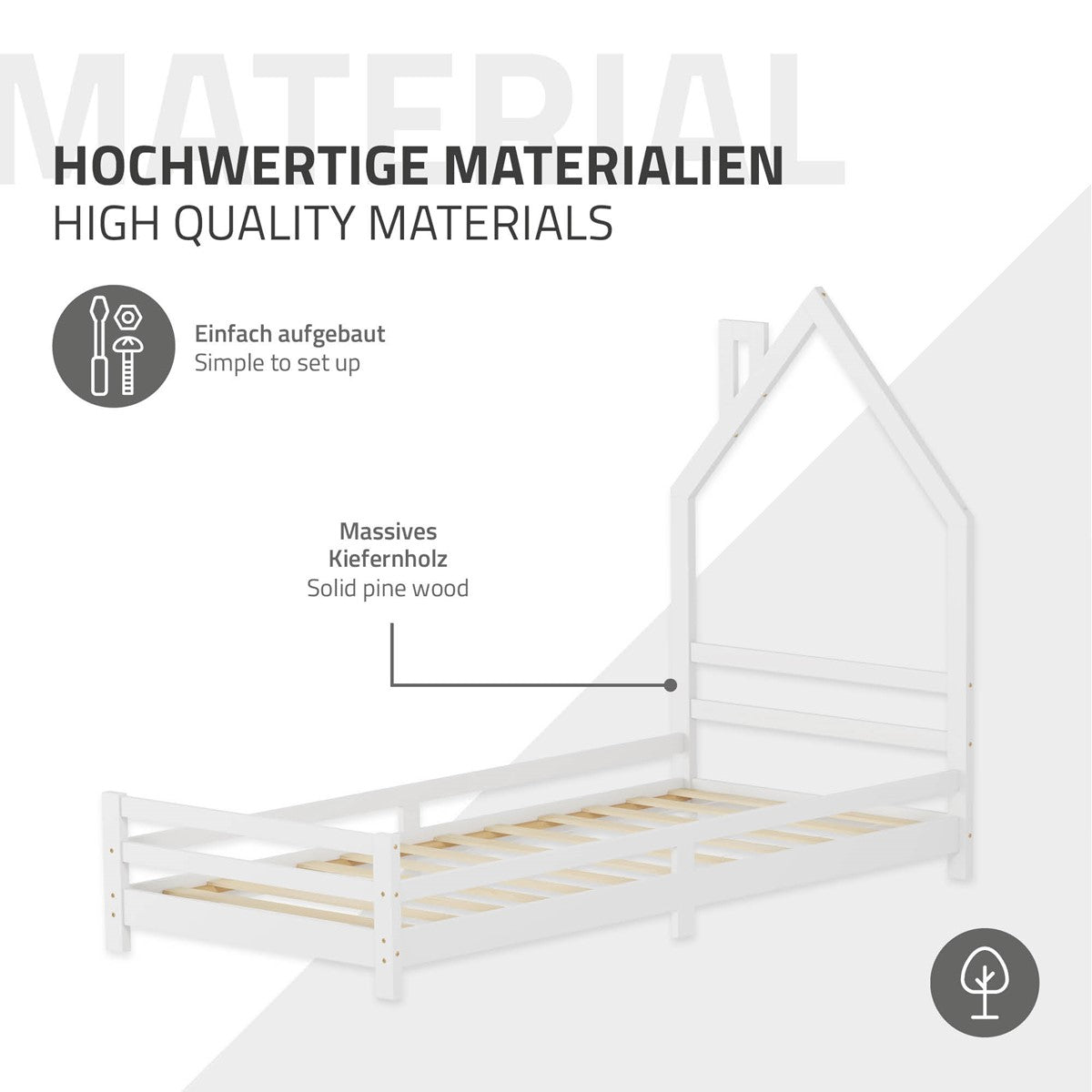 Grafik mit Informationen zu hochwertigen Materialien eines Kinderbetts.
