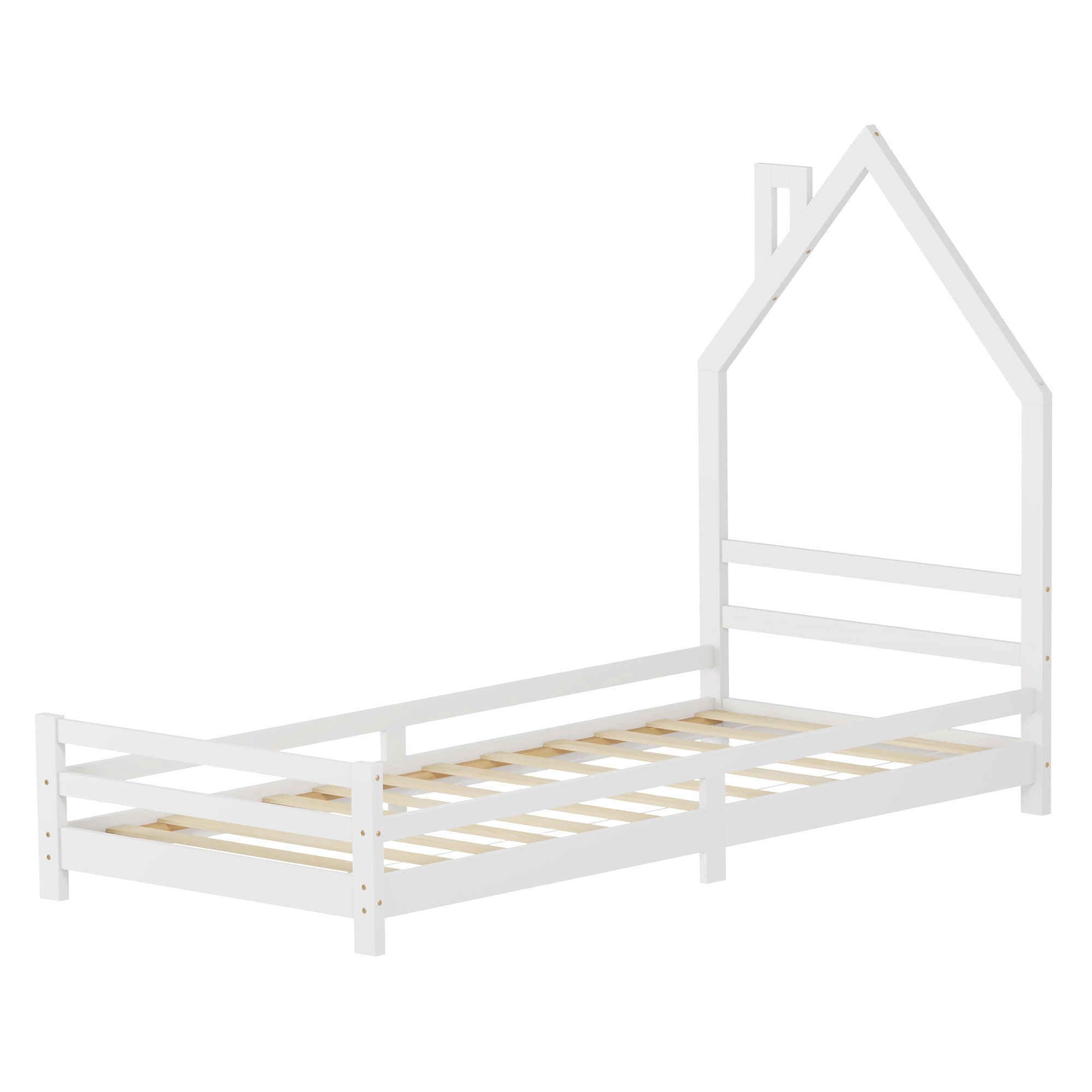 Weißes Kinderbett in Hausform mit Holzlattenrost.