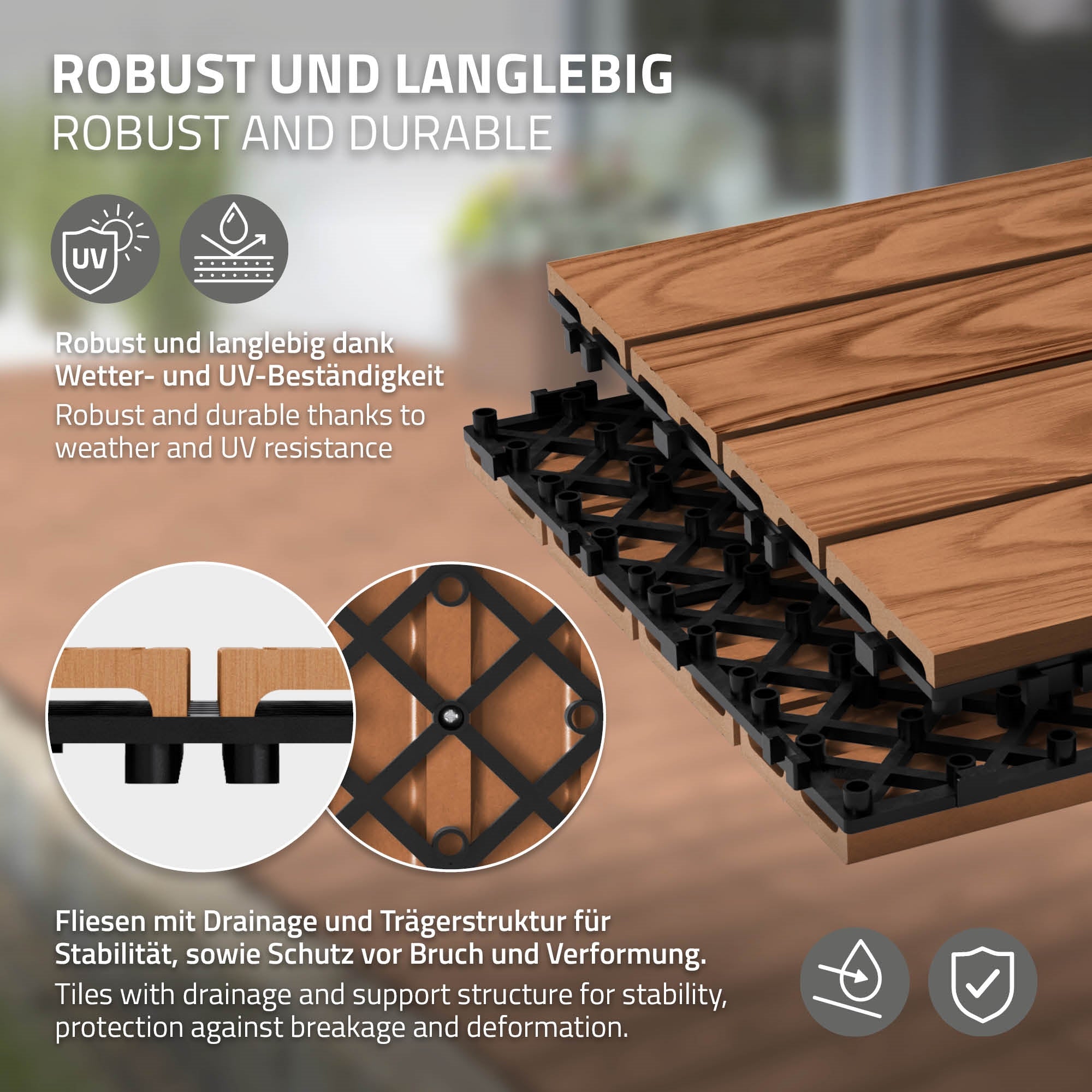 Detailansicht von WPC-Fliesen mit Drainage und Trägersystem.