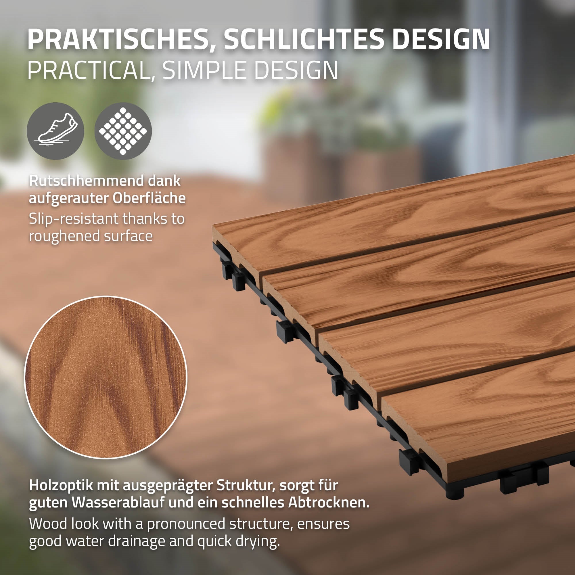 Holzoptik-Platten mit strukturiertem Design auf einem Holzuntergrund.