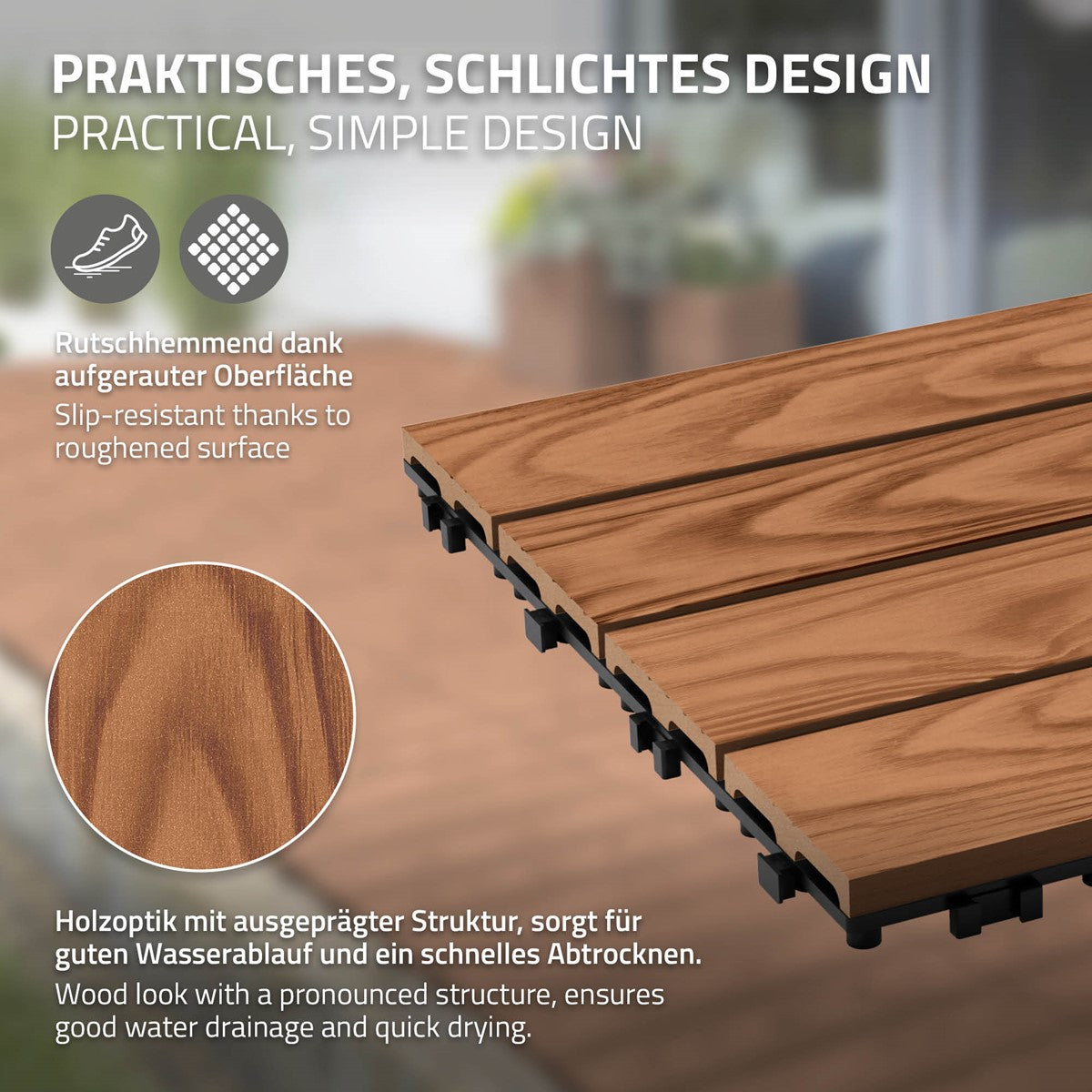 Holzoptik-Platten mit strukturiertem Design auf einem Holzuntergrund.