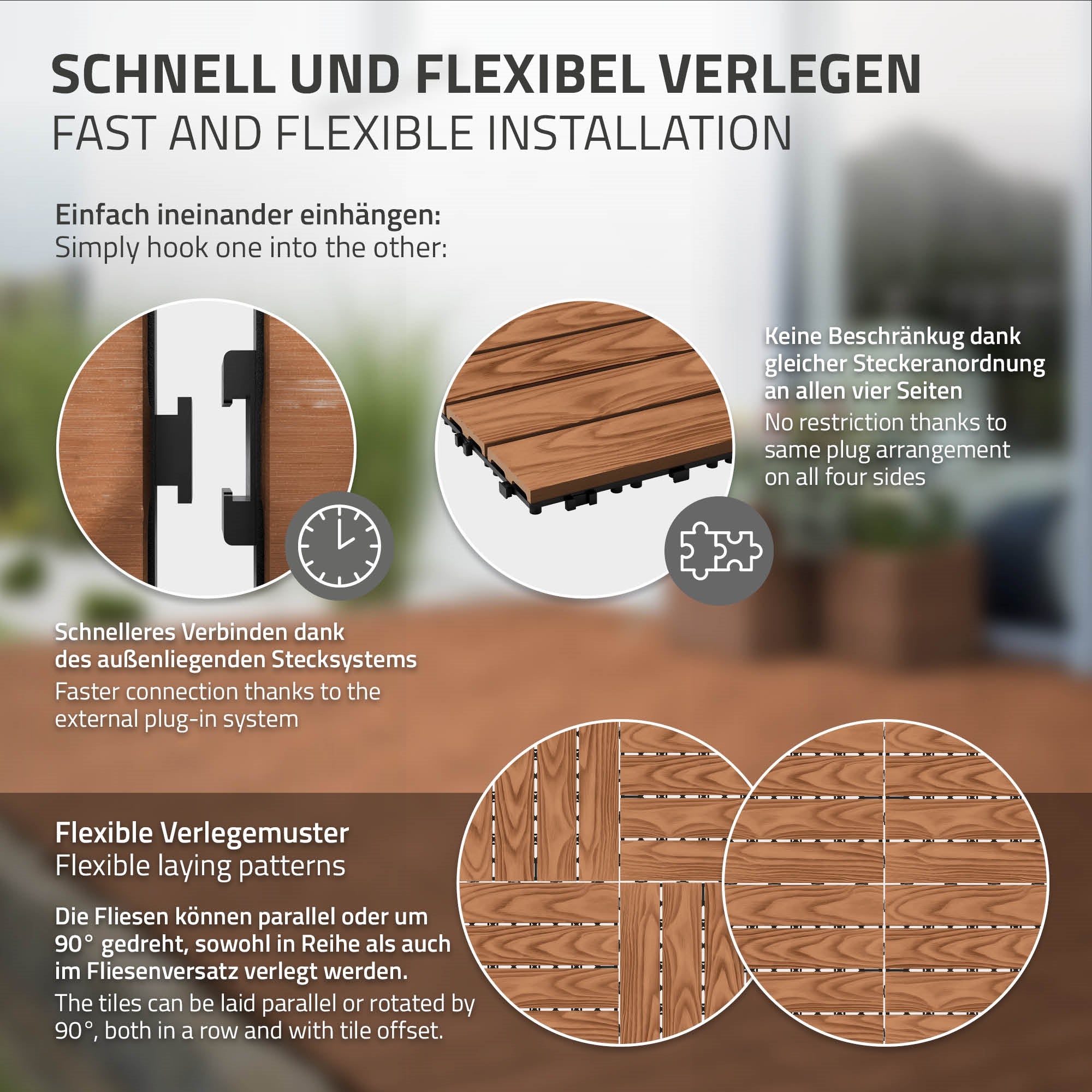 Flexible Verlegemuster von WPC-Fliesen in verschiedenen Anordnungen.