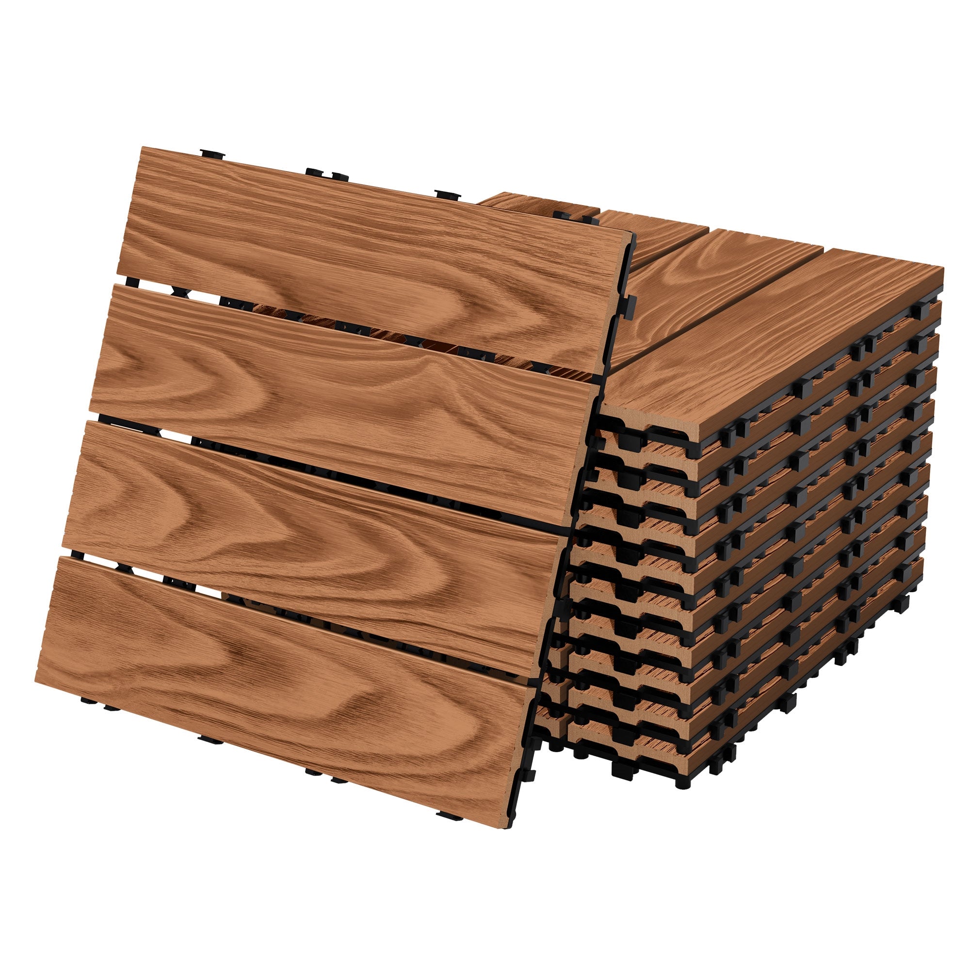 Stapel von Holzoptik-Platten, die für den Außenbereich geeignet sind.