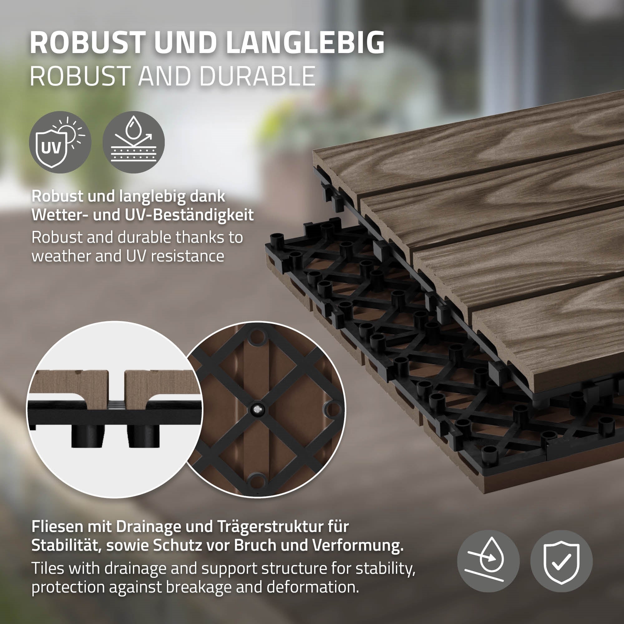 Detailansicht einer WPC-Fliese mit Drainage und Trägerstruktur.