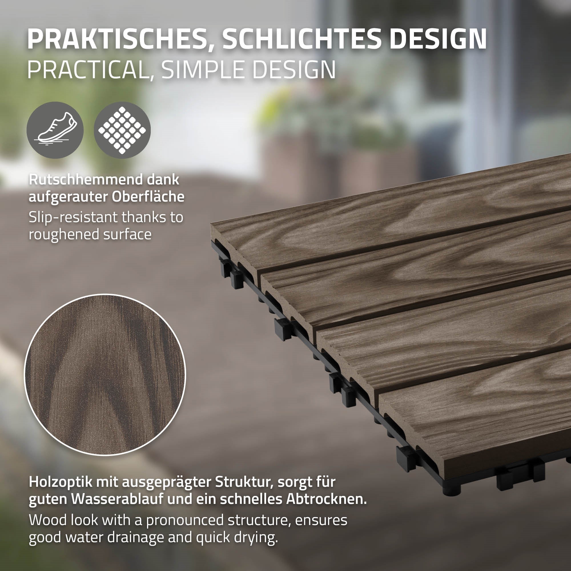 Holzoptik-Platten mit strukturierter Oberfläche, die rutschfest sind.