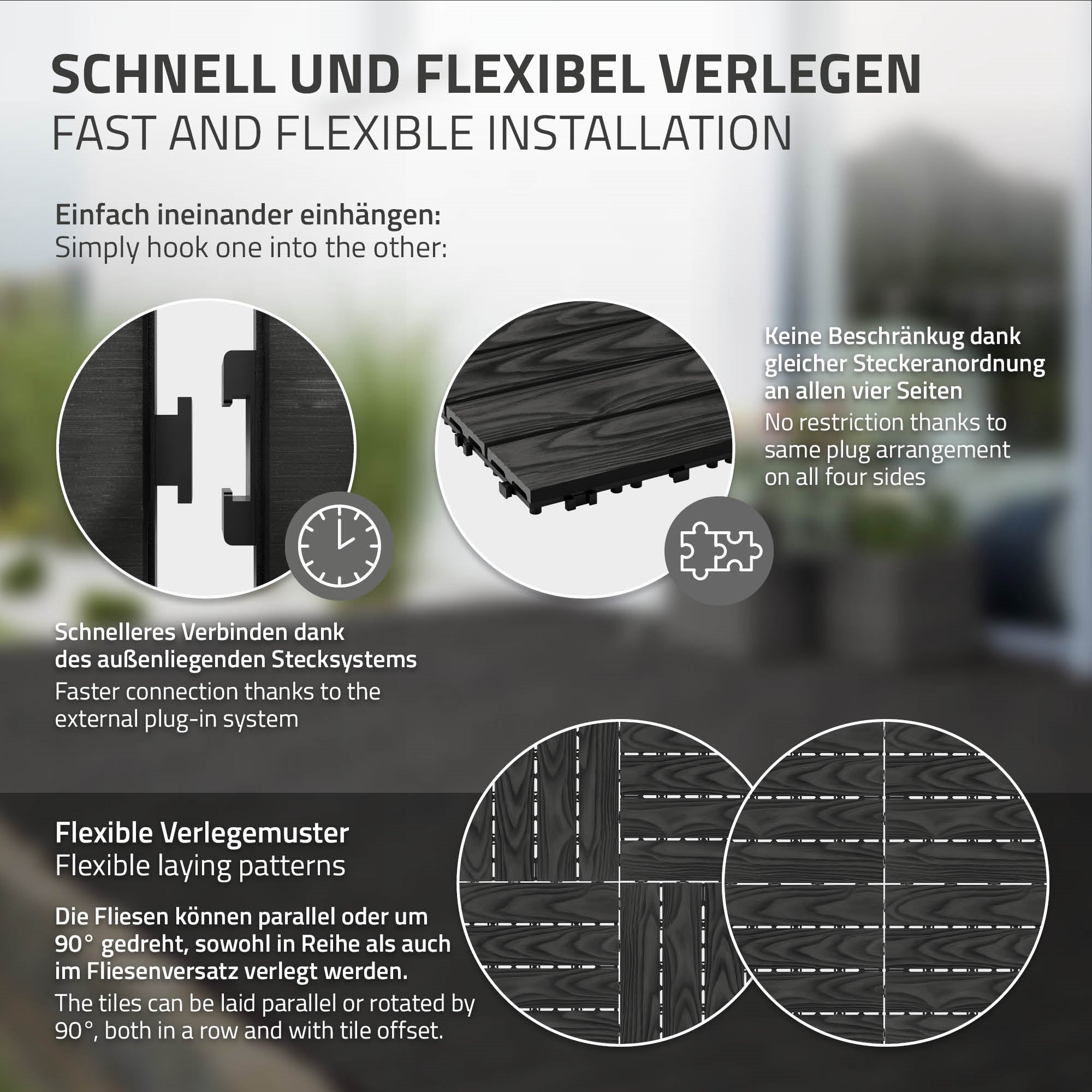 Fliesen mit flexiblen Verlegemustern, einfaches Zusammenstecken.