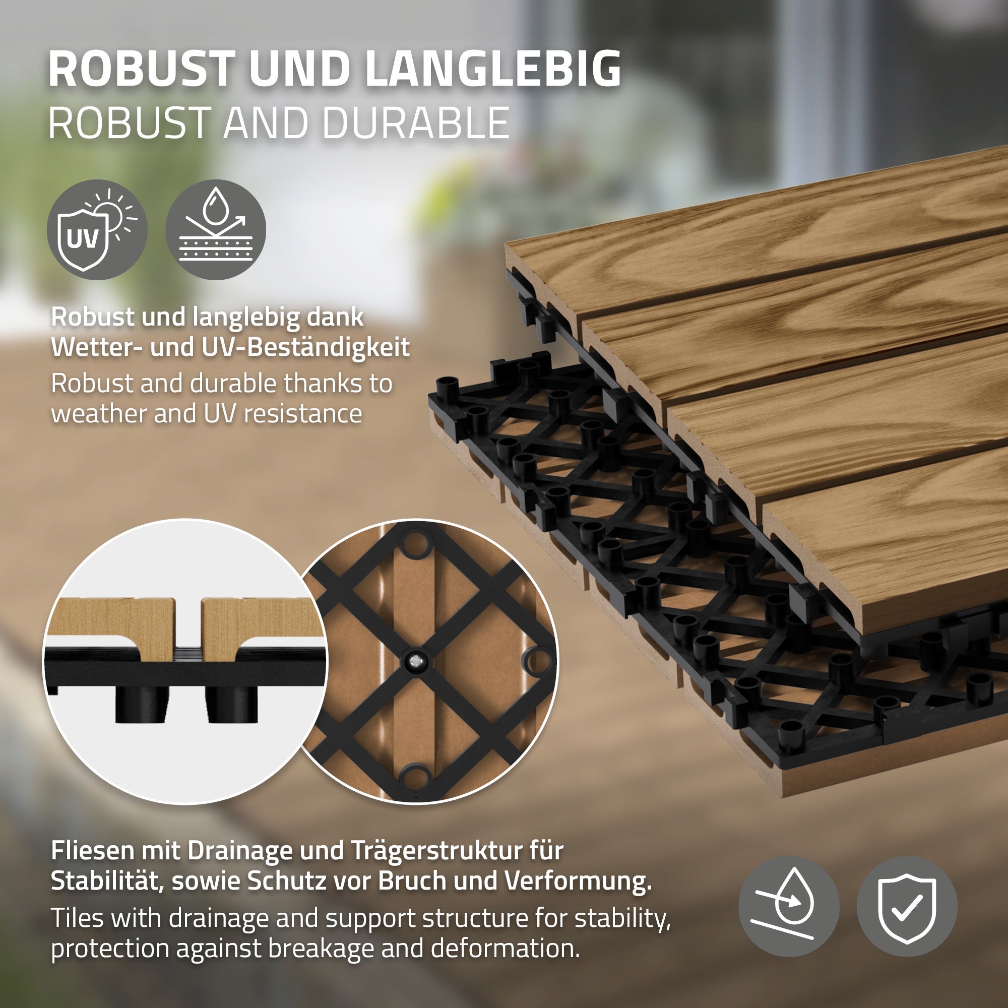 Fliesen mit Drainage und Trägerstruktur für Stabilität und Bruchsicherheit.