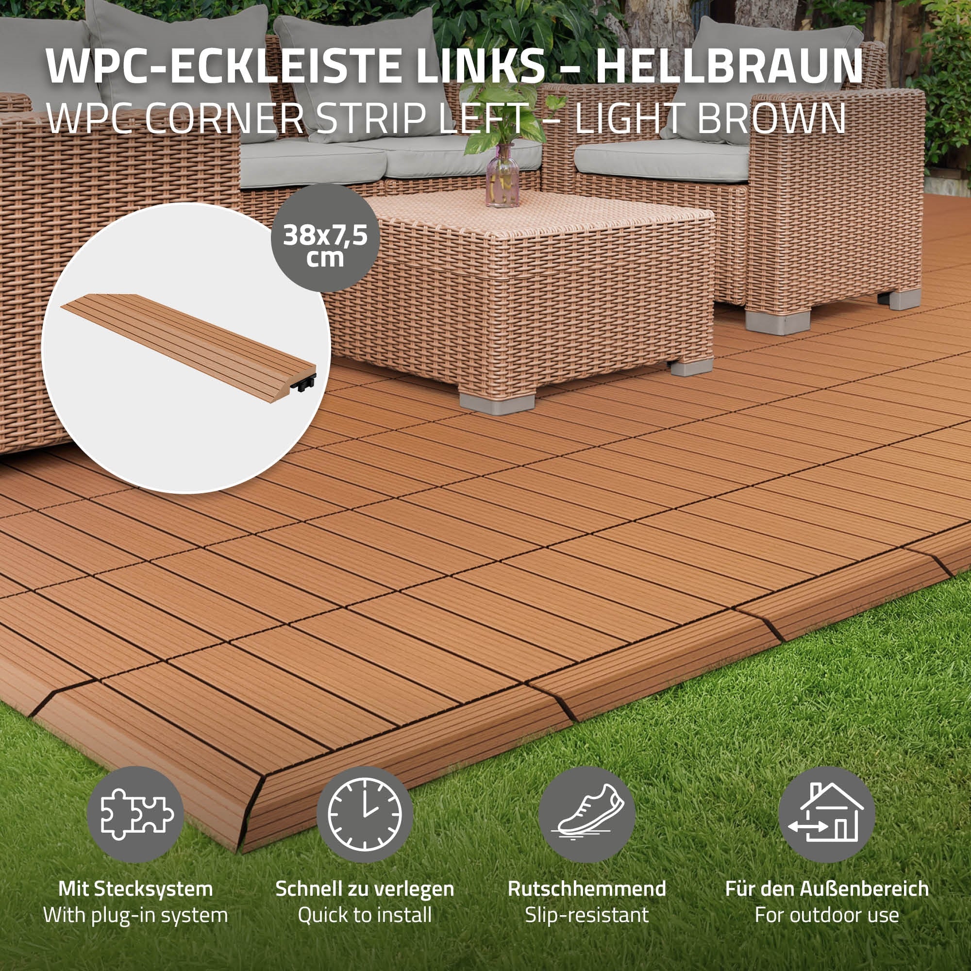 Grafik einer WPC-Eckleiste links in hellbraun mit Maßen.