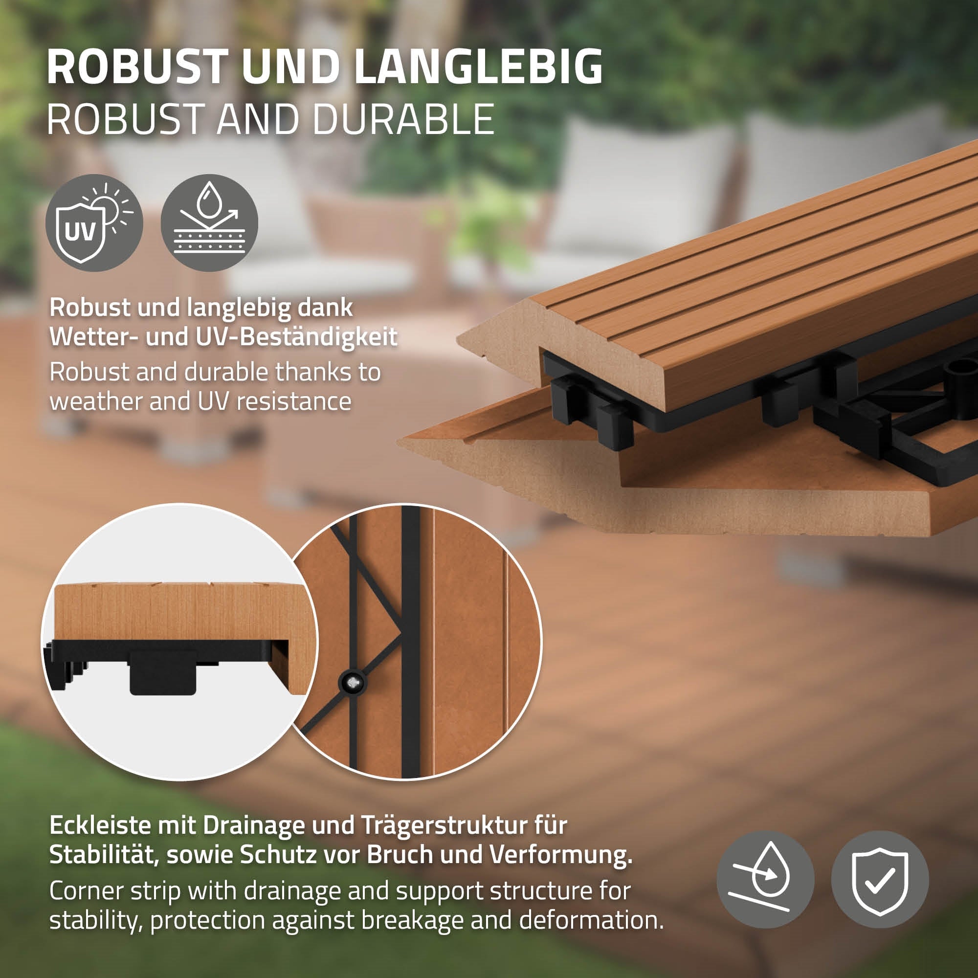 Eckleiste mit Drainage und stabiler Struktur, auf einem Holzuntergrund.