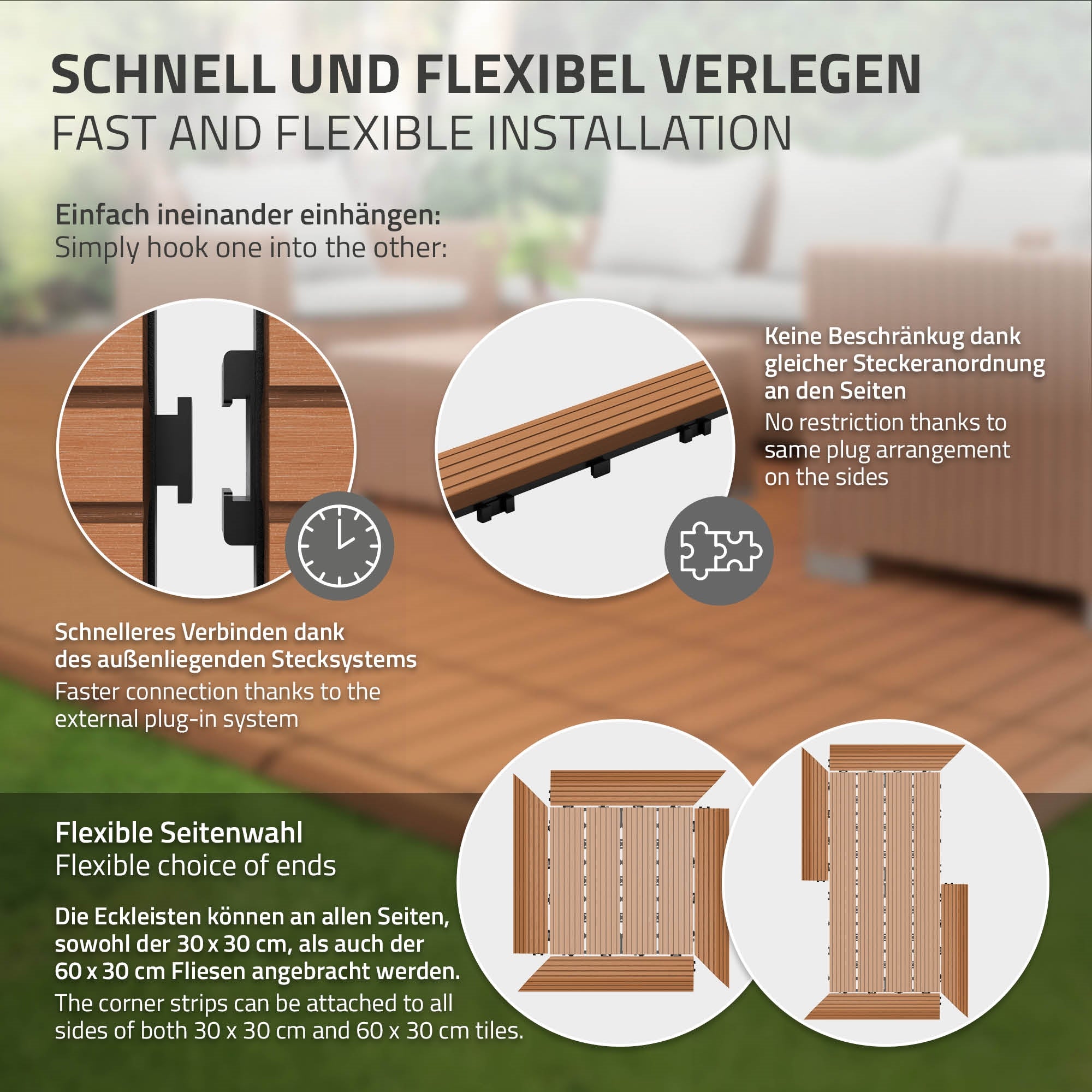 Grafik zu schnellem und flexiblem Verlegen von Bodenbelägen mit Stecksystem.