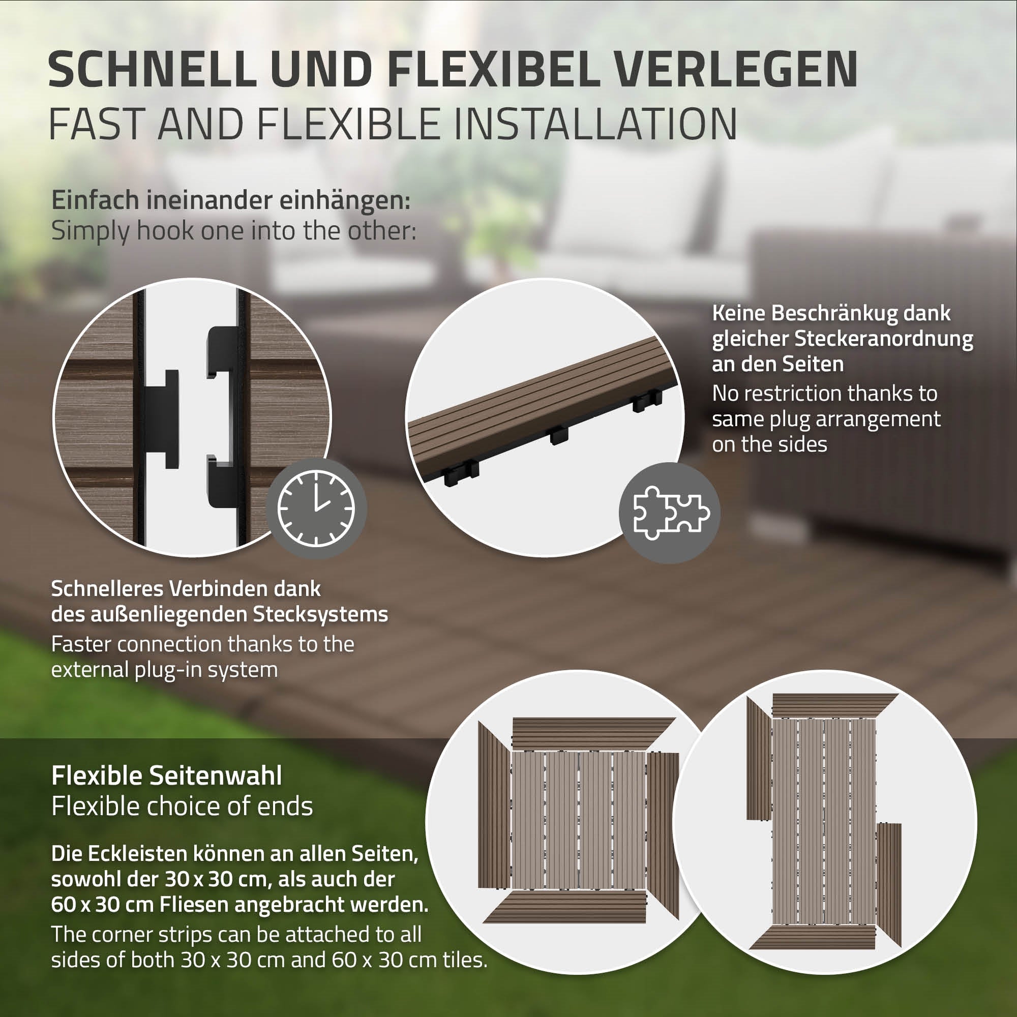 Grafik mit Informationen zu schnellem und flexiblem Verlegen von Bodenbelägen.