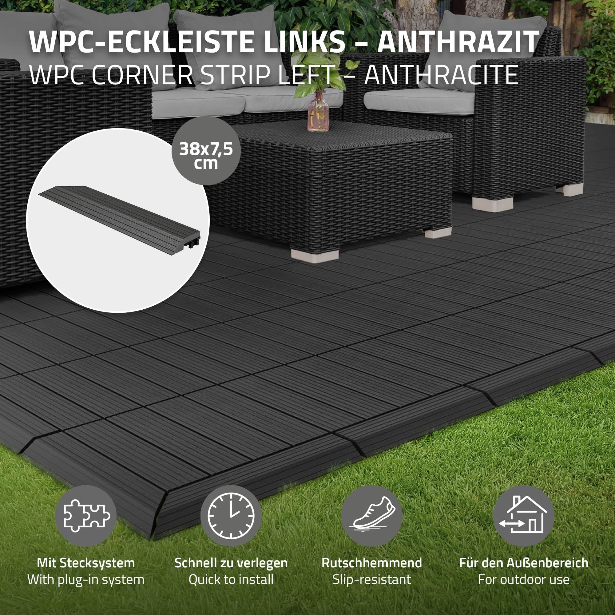 WPC-Eckleiste links in Anthrazit, verlegt auf einem Boden mit Möbeln.