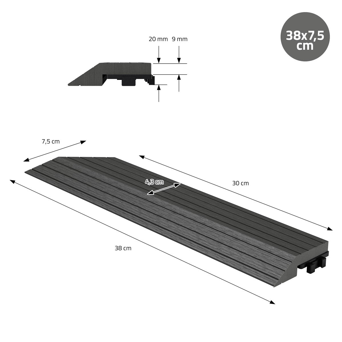 Technische Zeichnung einer Terrassendiele mit Maßen und Details.