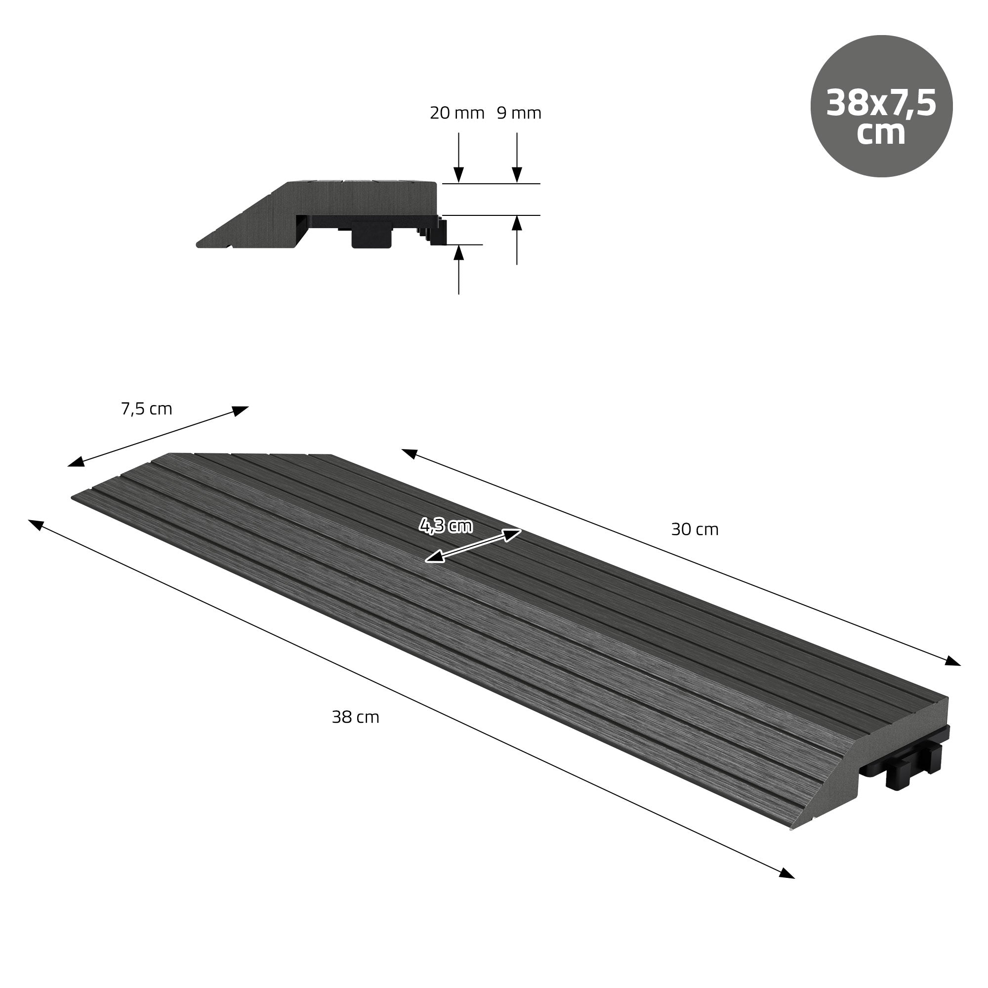 Technische Zeichnung einer Terrassendiele mit Maßen und Details.