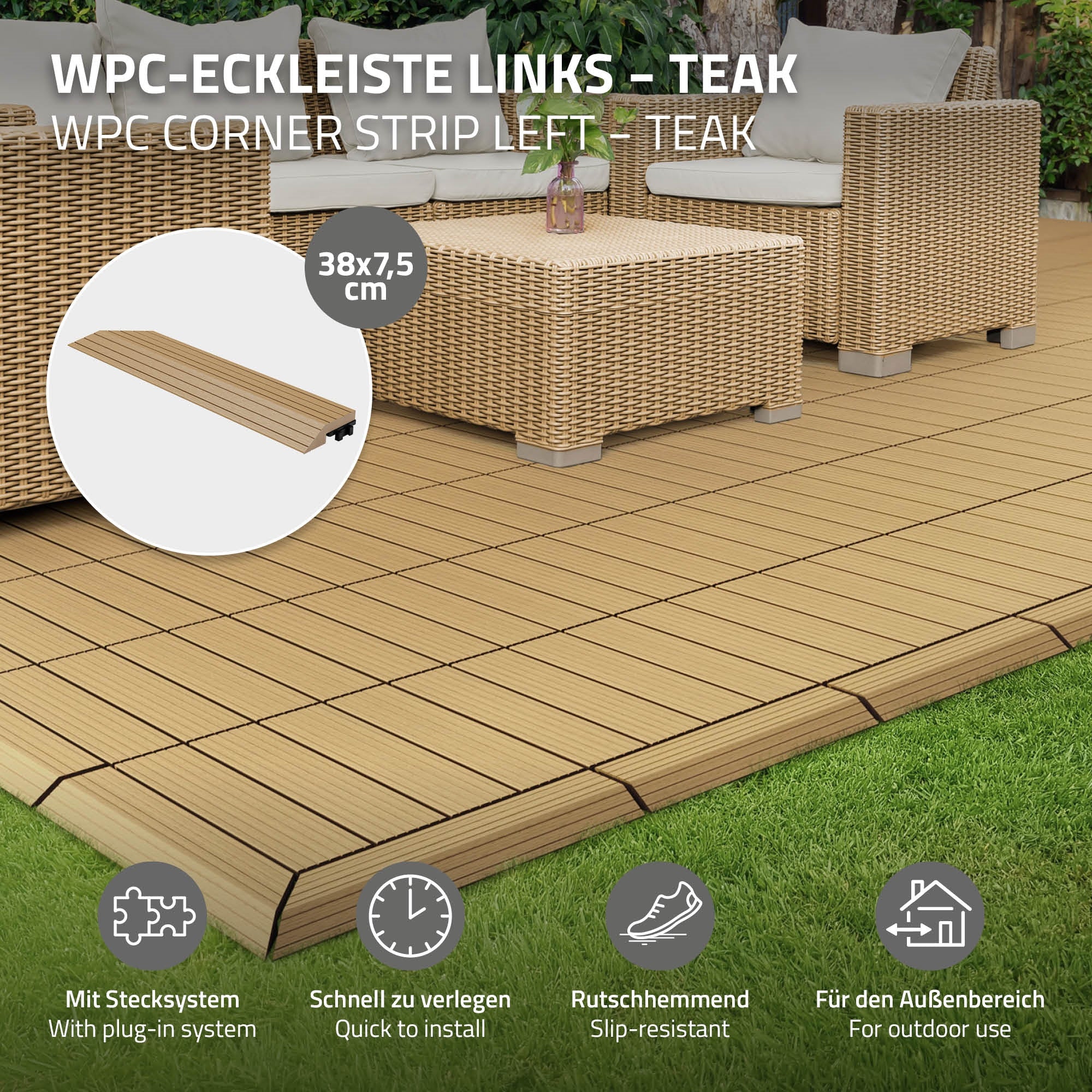 WPC-Eckleiste links in Teakfarbe auf einem Bodenbelag.