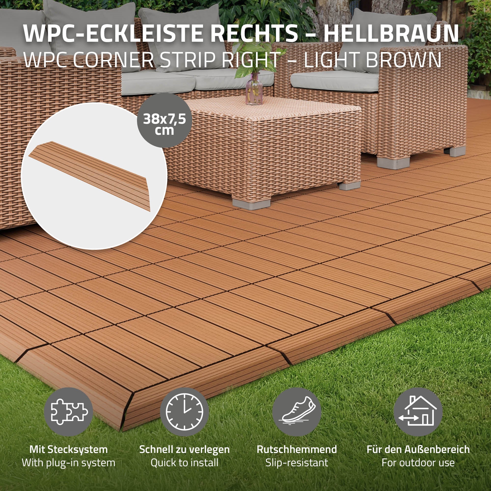 WPC-Eckleiste in hellbraun auf einem Bodenbelag.