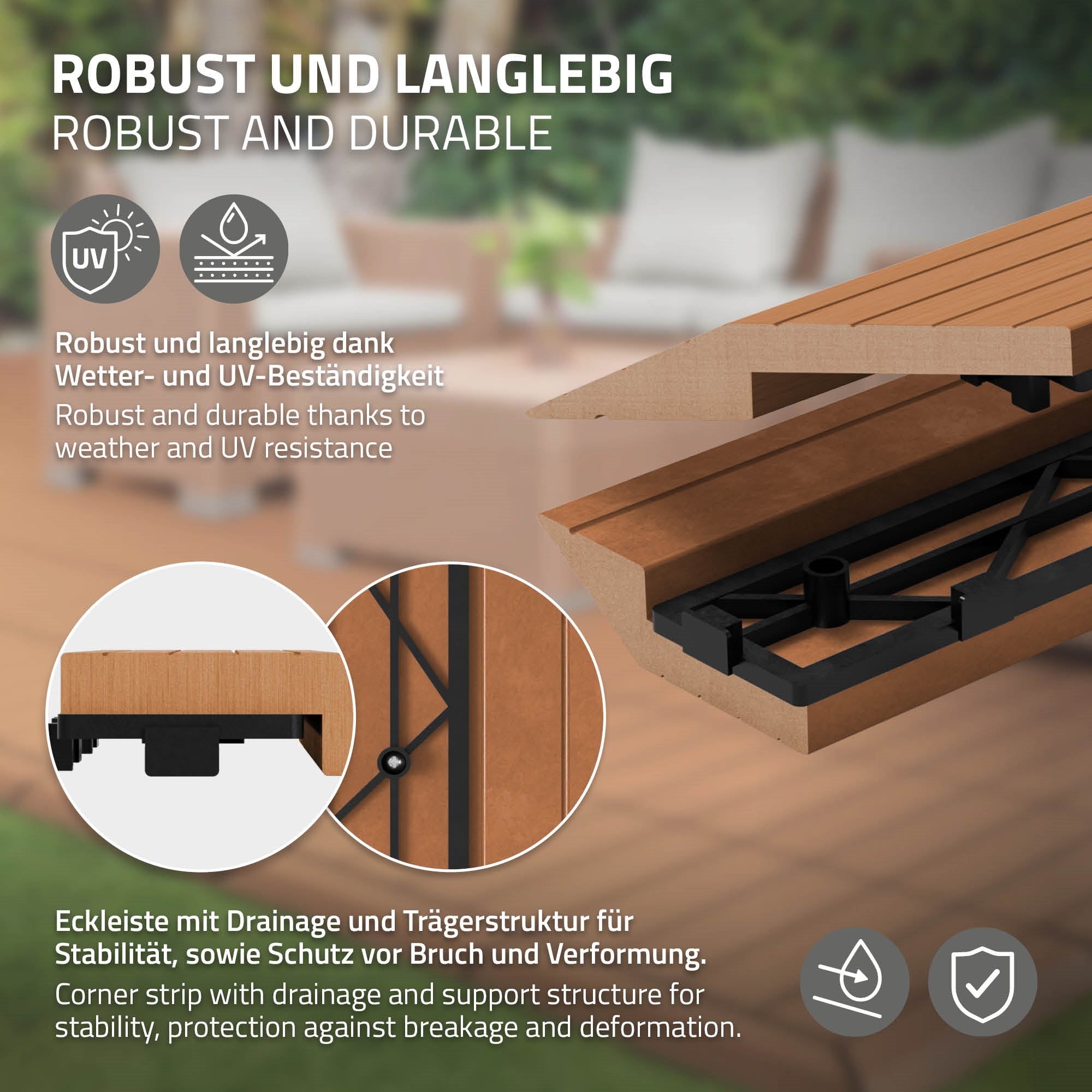 Nahaufnahme einer robusten WPC-Eckleiste mit Drainage.