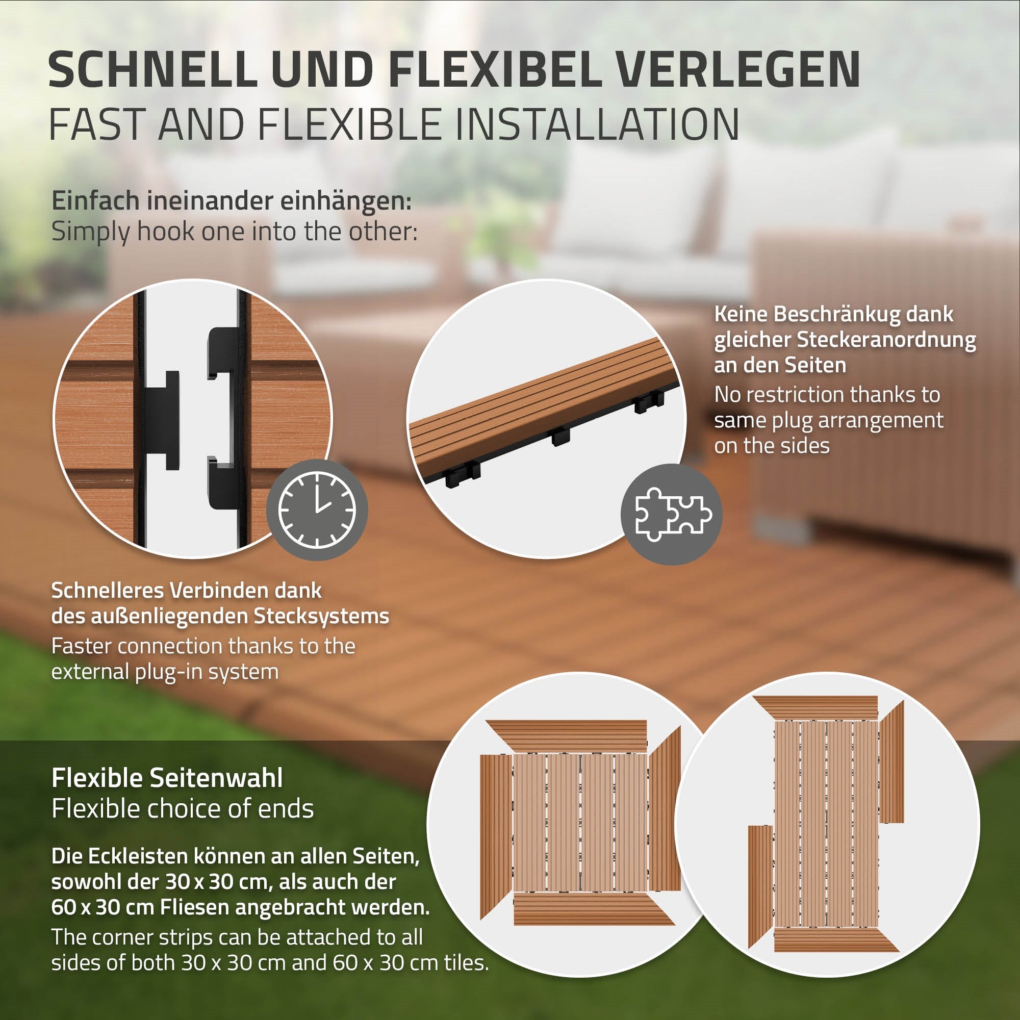 Anleitung zur flexiblen Verlegung von WPC-Platten mit Stecksystem.