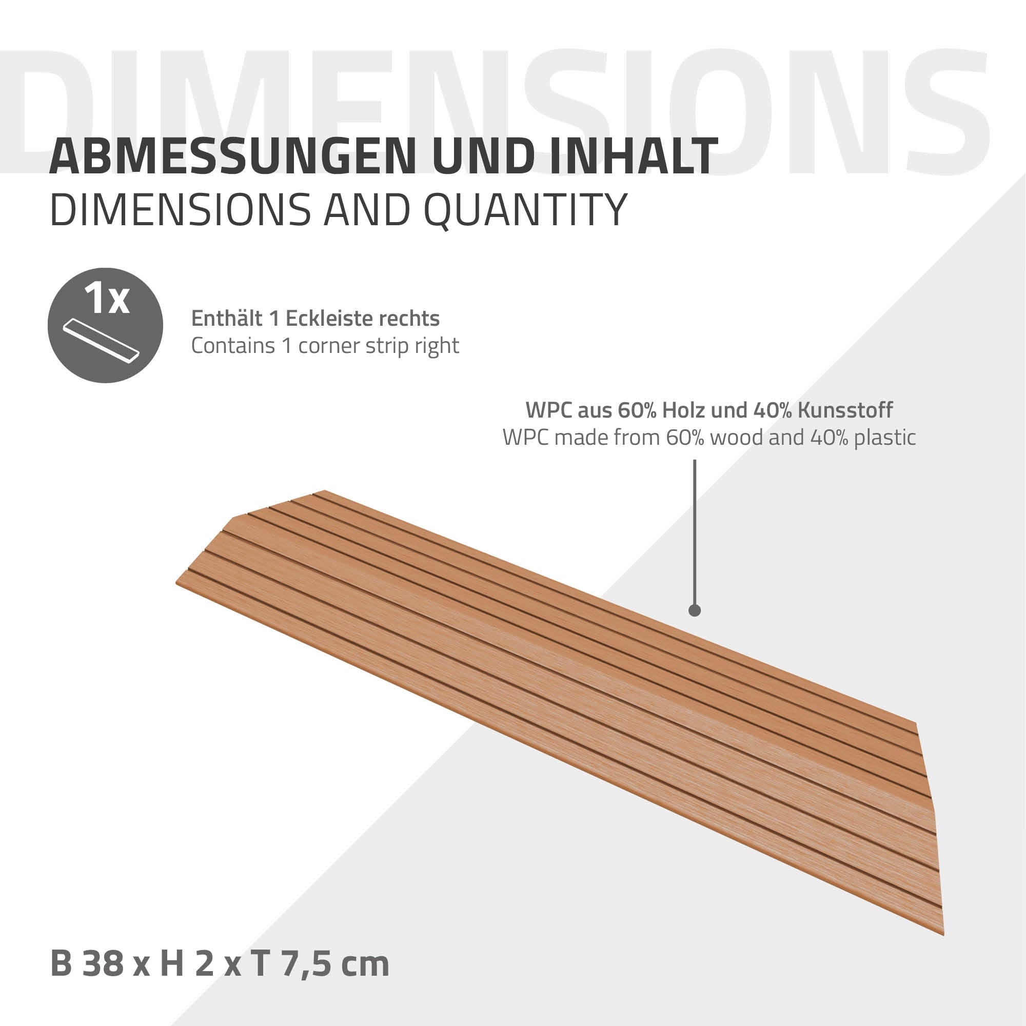 Eckleiste mit Abmessungen und Materialbeschreibung aus Holz und Kunststoff.