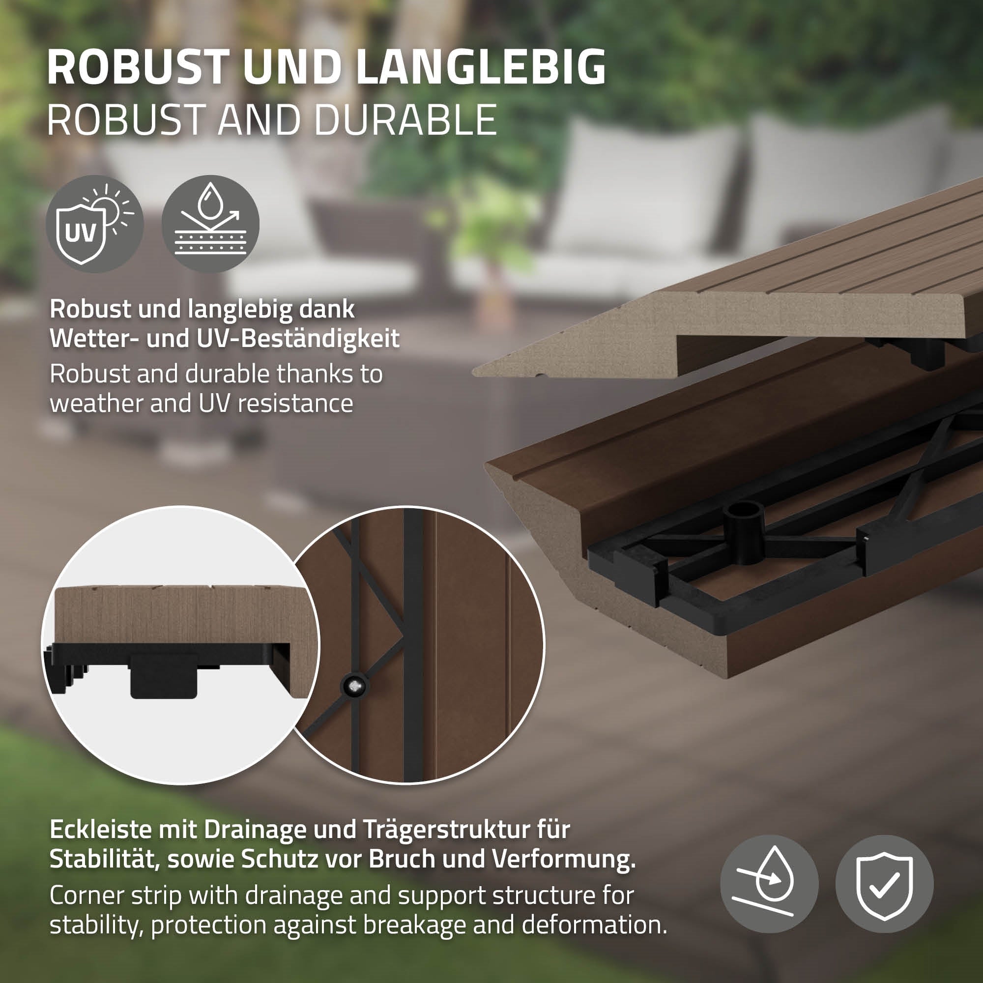 Detailansicht einer robusten Eckleiste mit Drainage und Trägerstruktur.