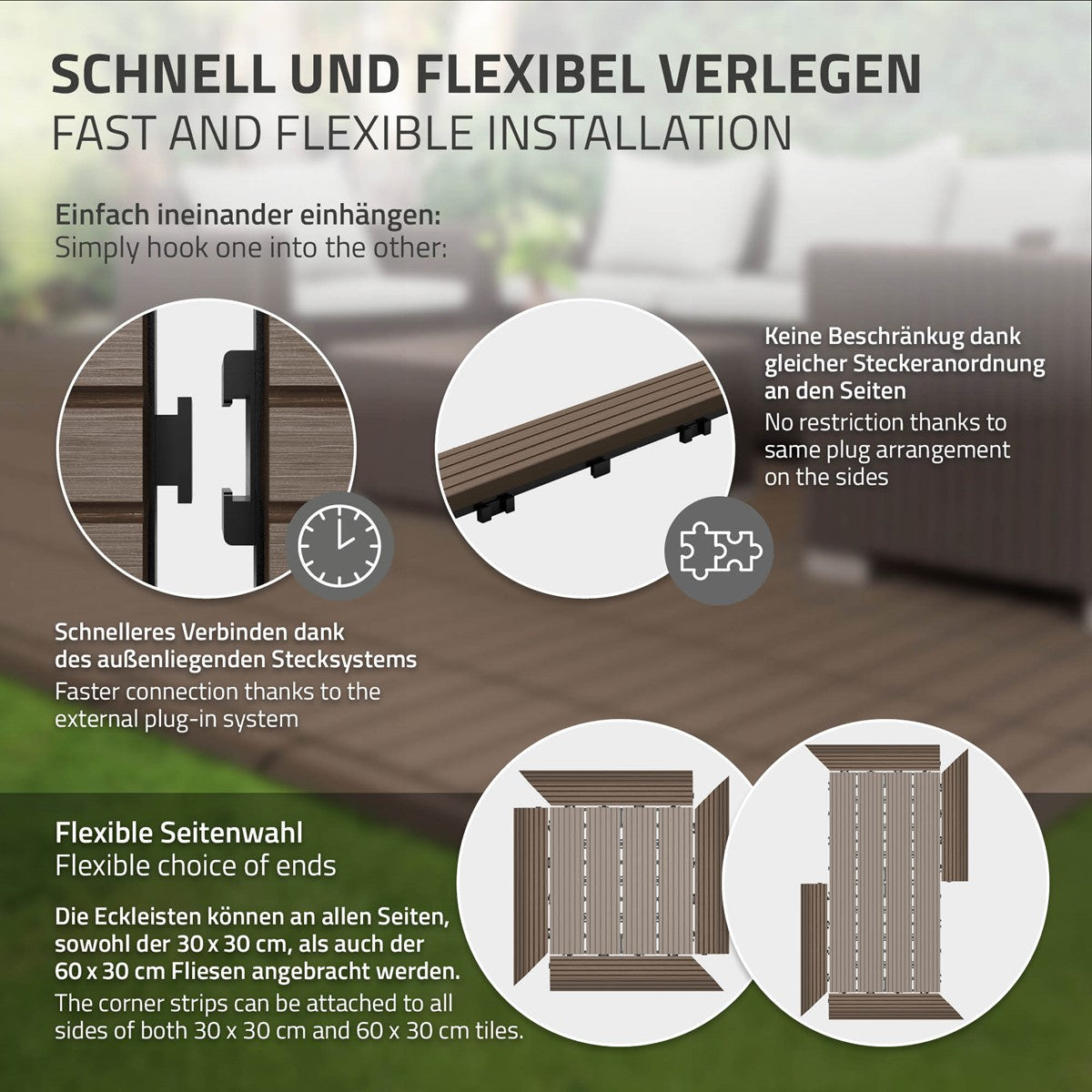 Instructies voor het flexibel leggen van WPC-planken met diagram.