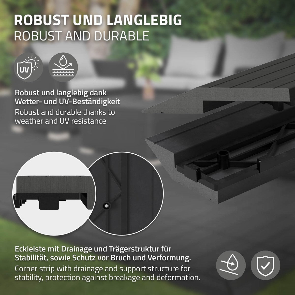 Nahaufnahme einer robusten WPC-Eckleiste mit Drainage.