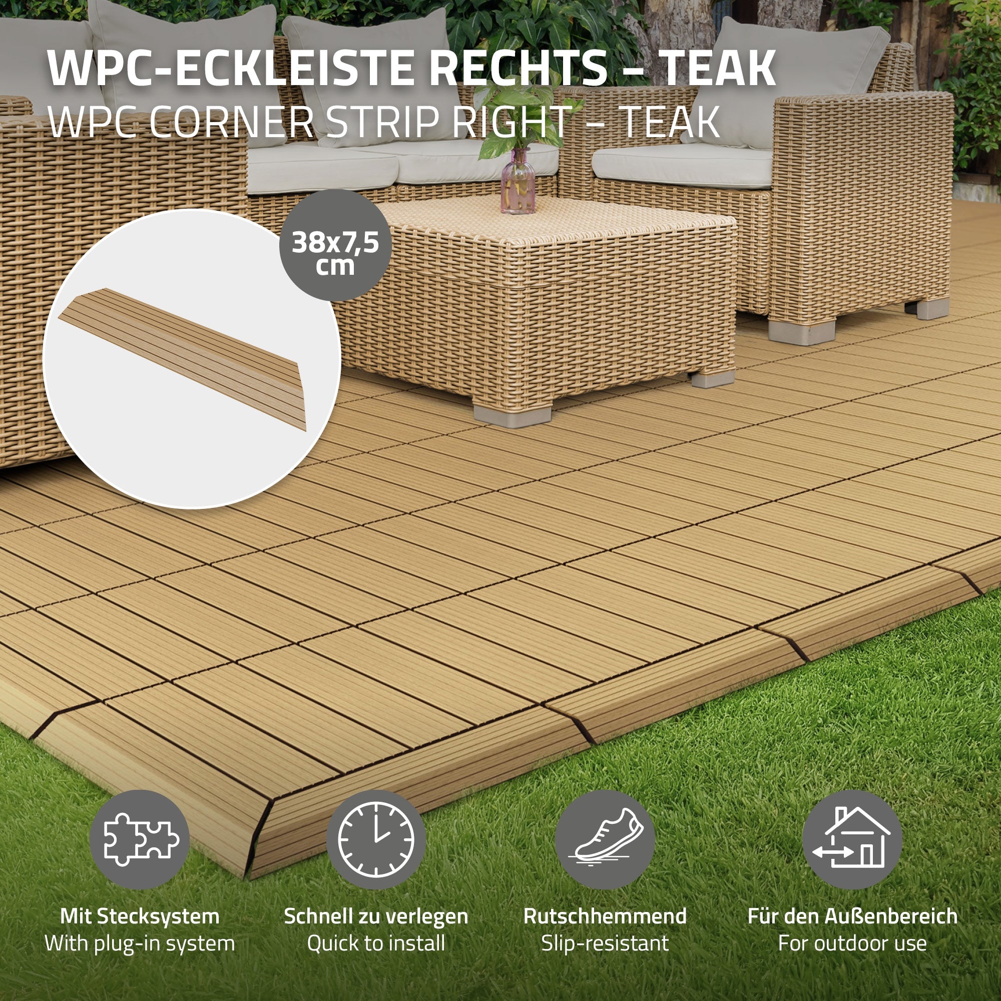 WPC-Eckleiste rechts aus Teakholz auf einem Bodenbelag.