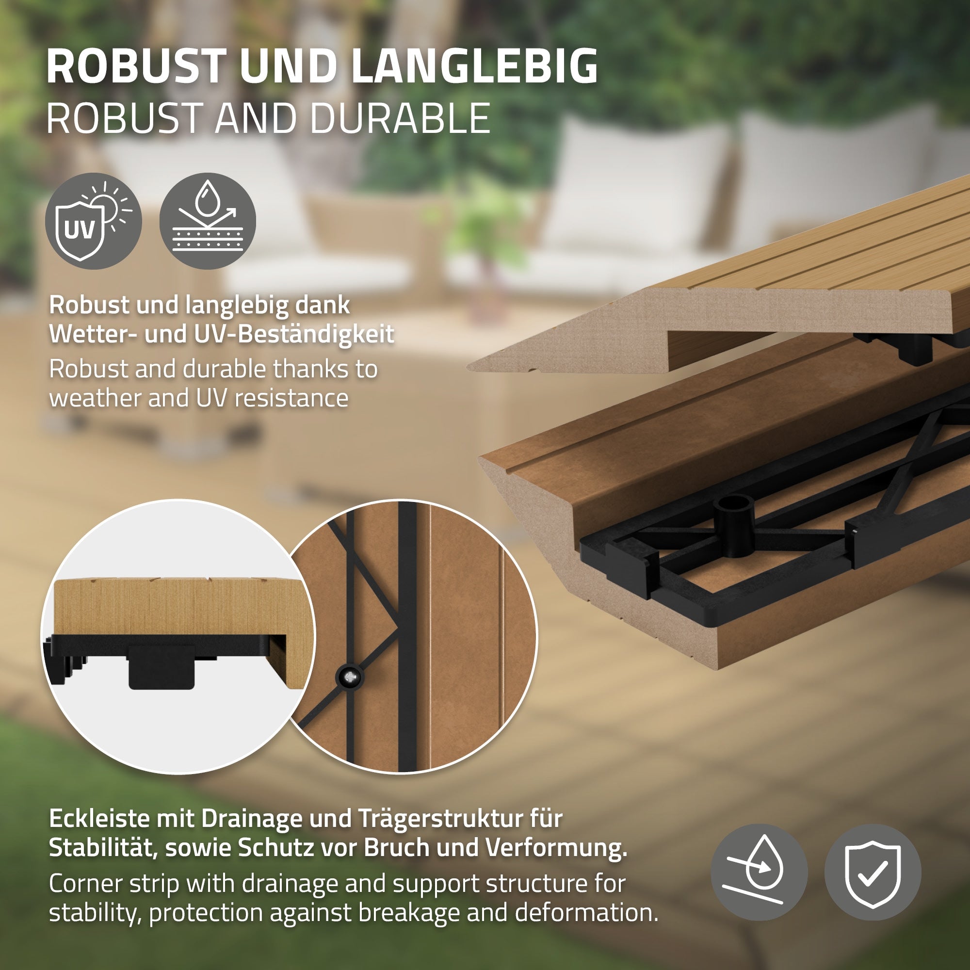 Detailansicht einer Holzplatte mit Drainage und stabiler Struktur.