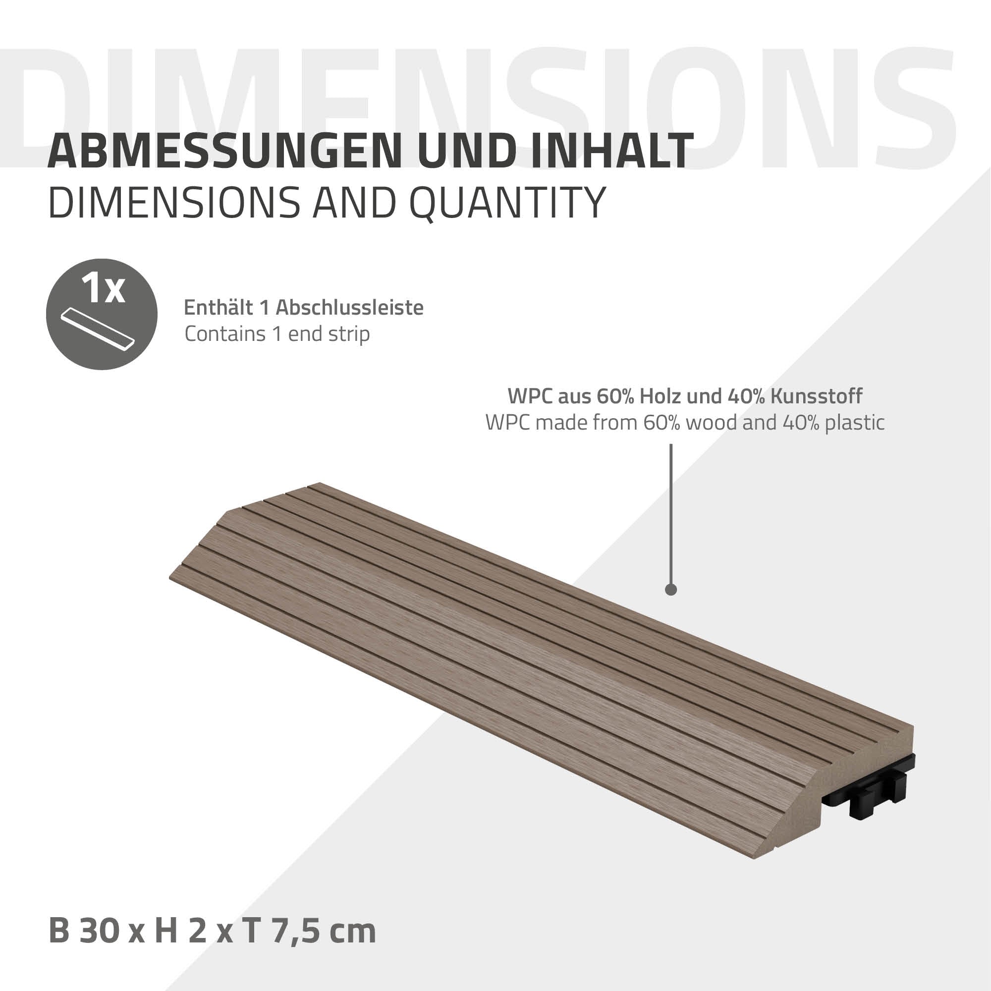 Abschlussleiste aus WPC mit Abmessungen 30 x 7,5 cm.