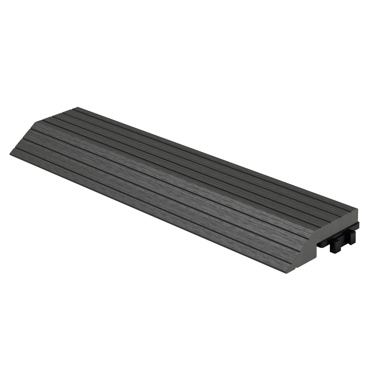 A grey WPC finishing strip with a grooved texture.